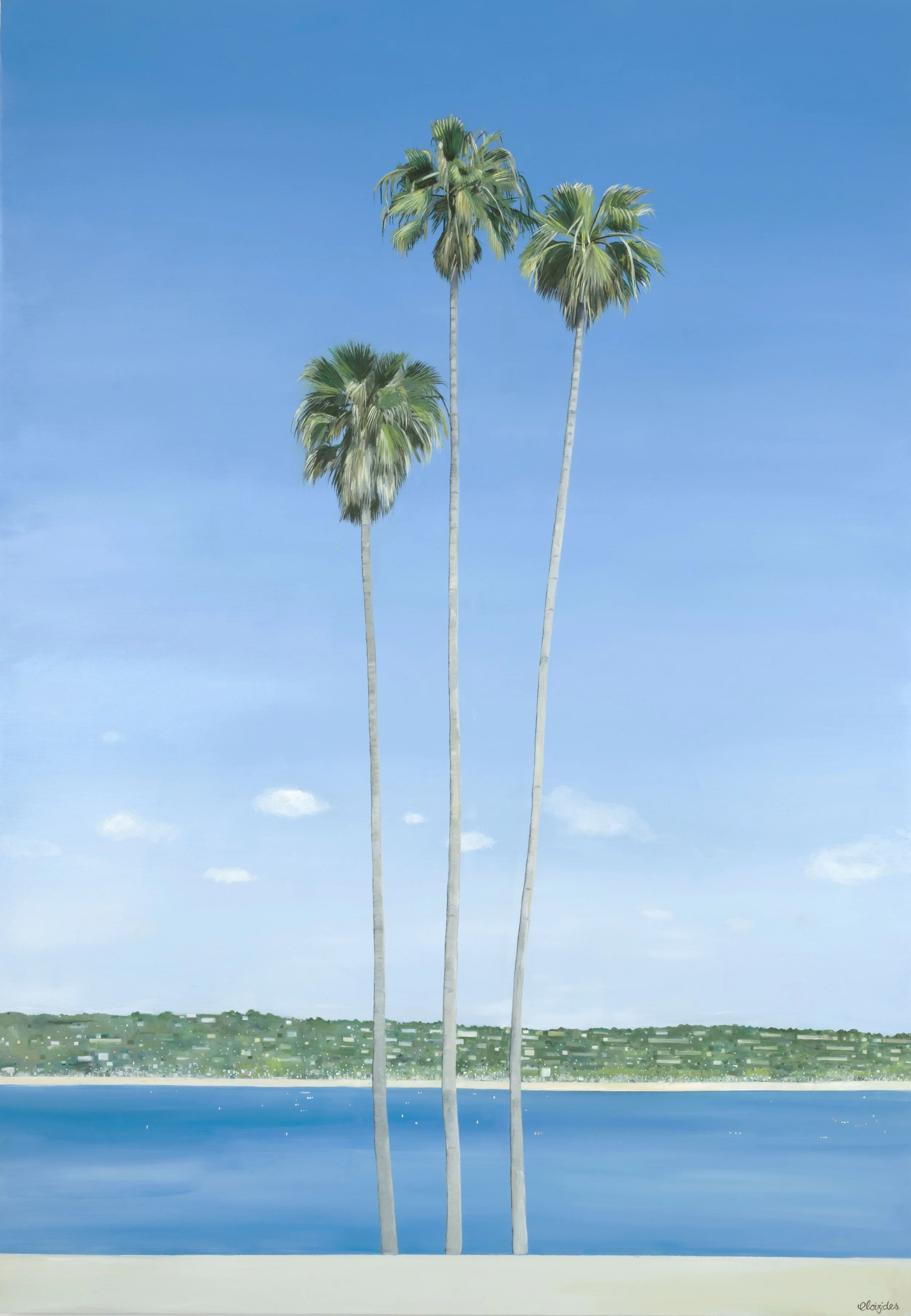A digital painting of three tall palm trees with green leaves against a bright blue sky with a few small clouds, a body of water, and a distant green shoreline.