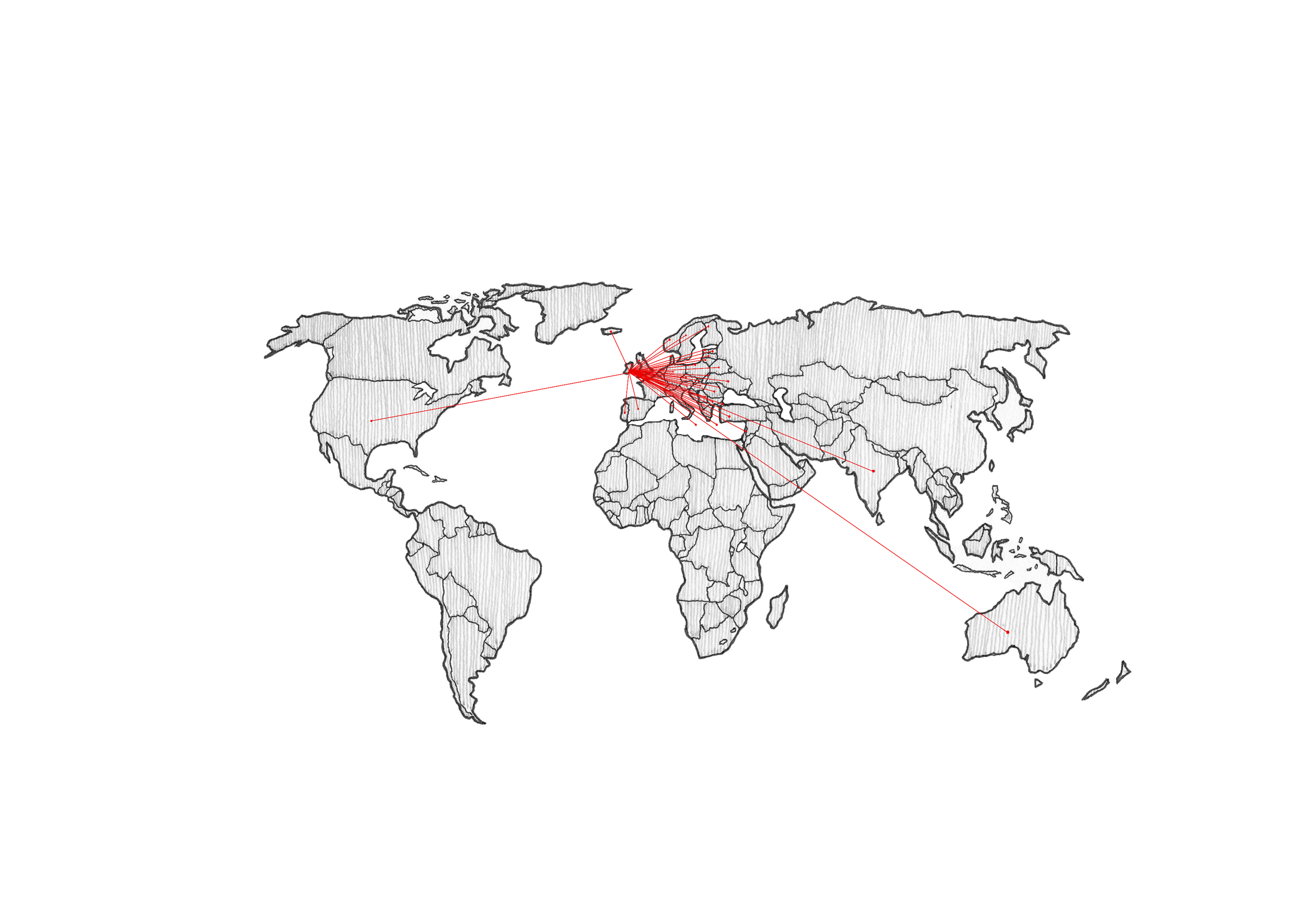 World map with red lines connecting various European, Asian, African, Australian, and American locations.