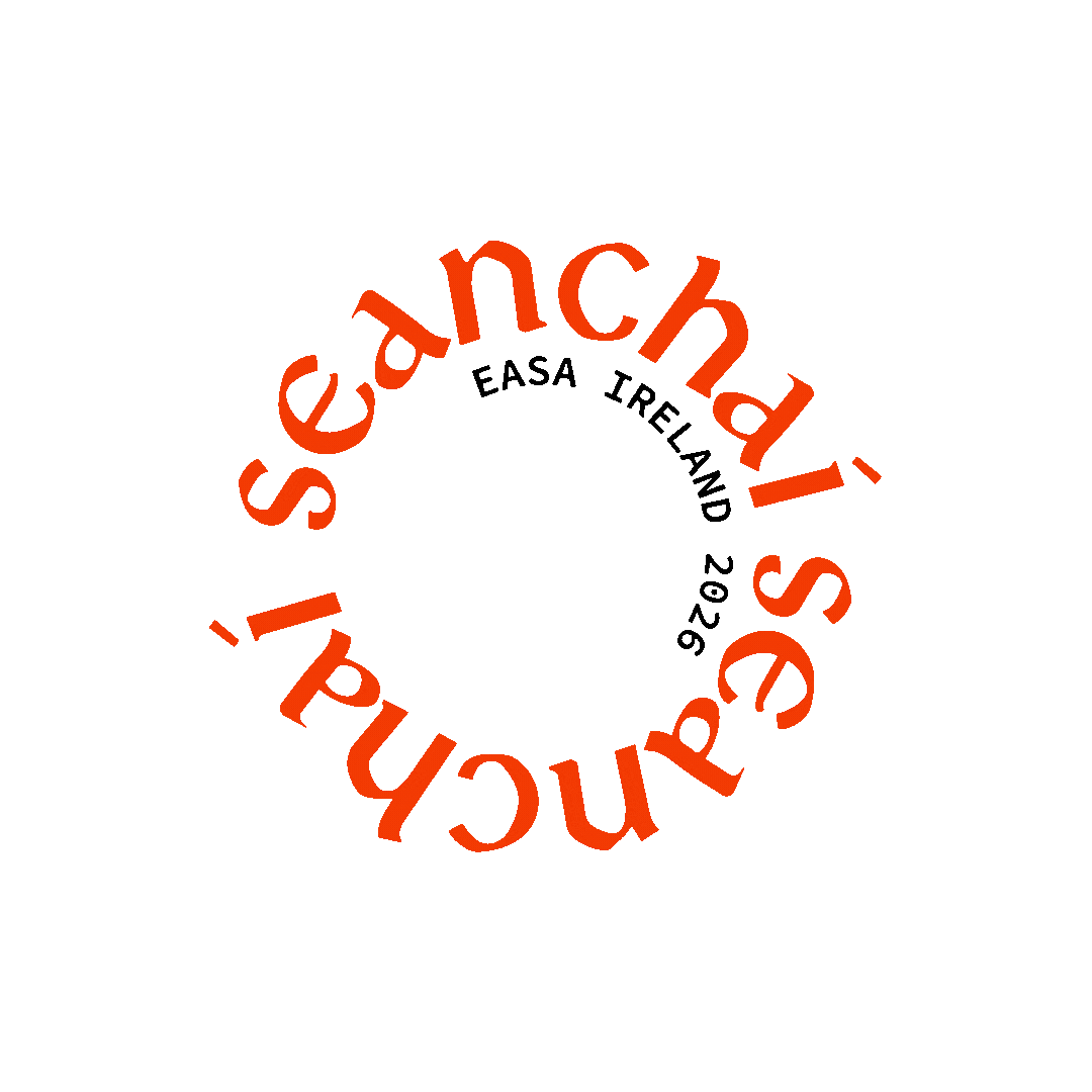 Red background with black circular text reading 'EASA Ireland 2026' and a faint watermark of the same text rotated around the circle.