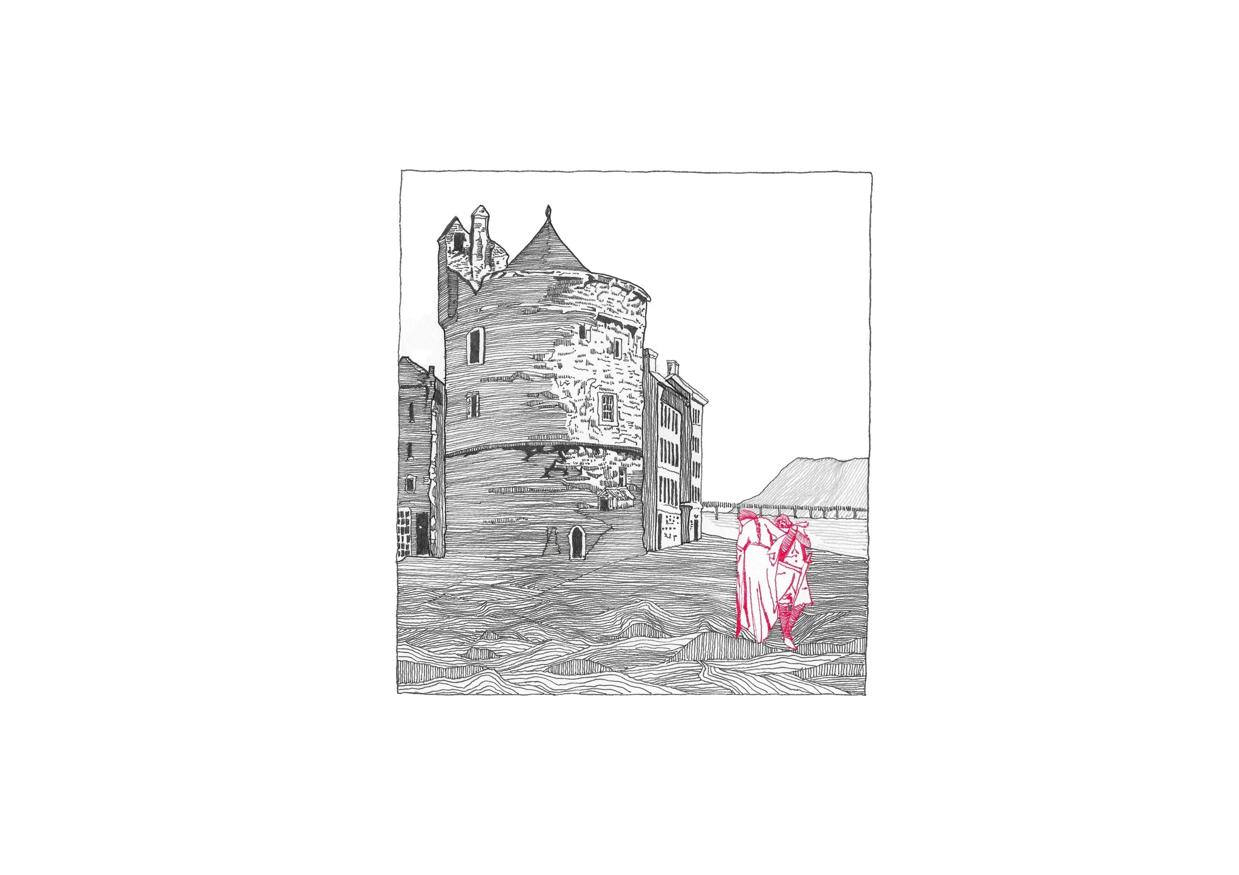 A sketch of a historic castle, Reginald's Tower, with two figures in pink clothing walking in the foreground.