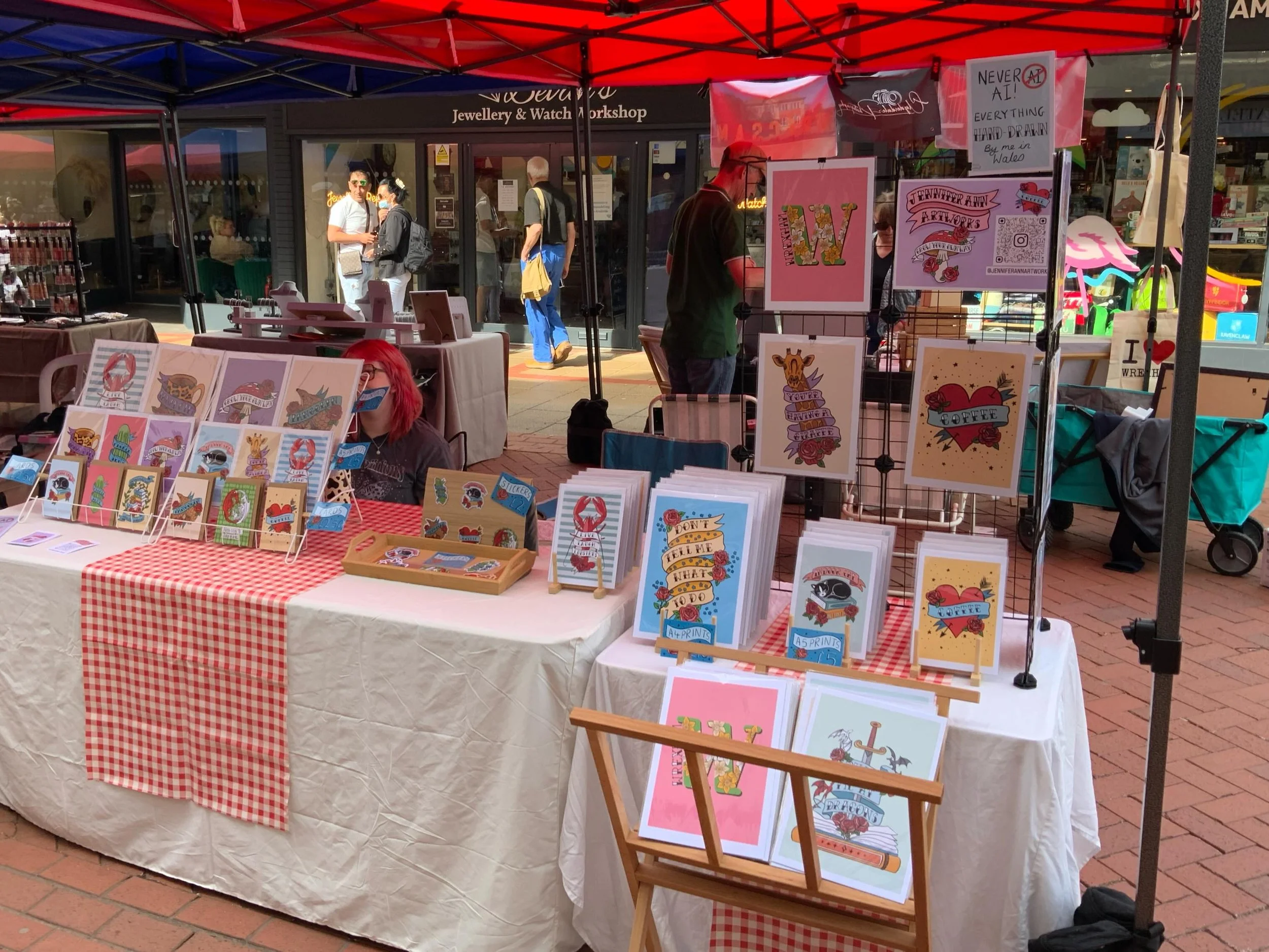 Ready for day two! With a very sleepy assistant 😆

It&rsquo;s a beautiful day, we&rsquo;re just off Queens Square outside chapter court, 10-4 today x

#wrexhamartisanmarket #wrexhamartists #wrexham #artprints #illustration

@wrexhamartisanmarket