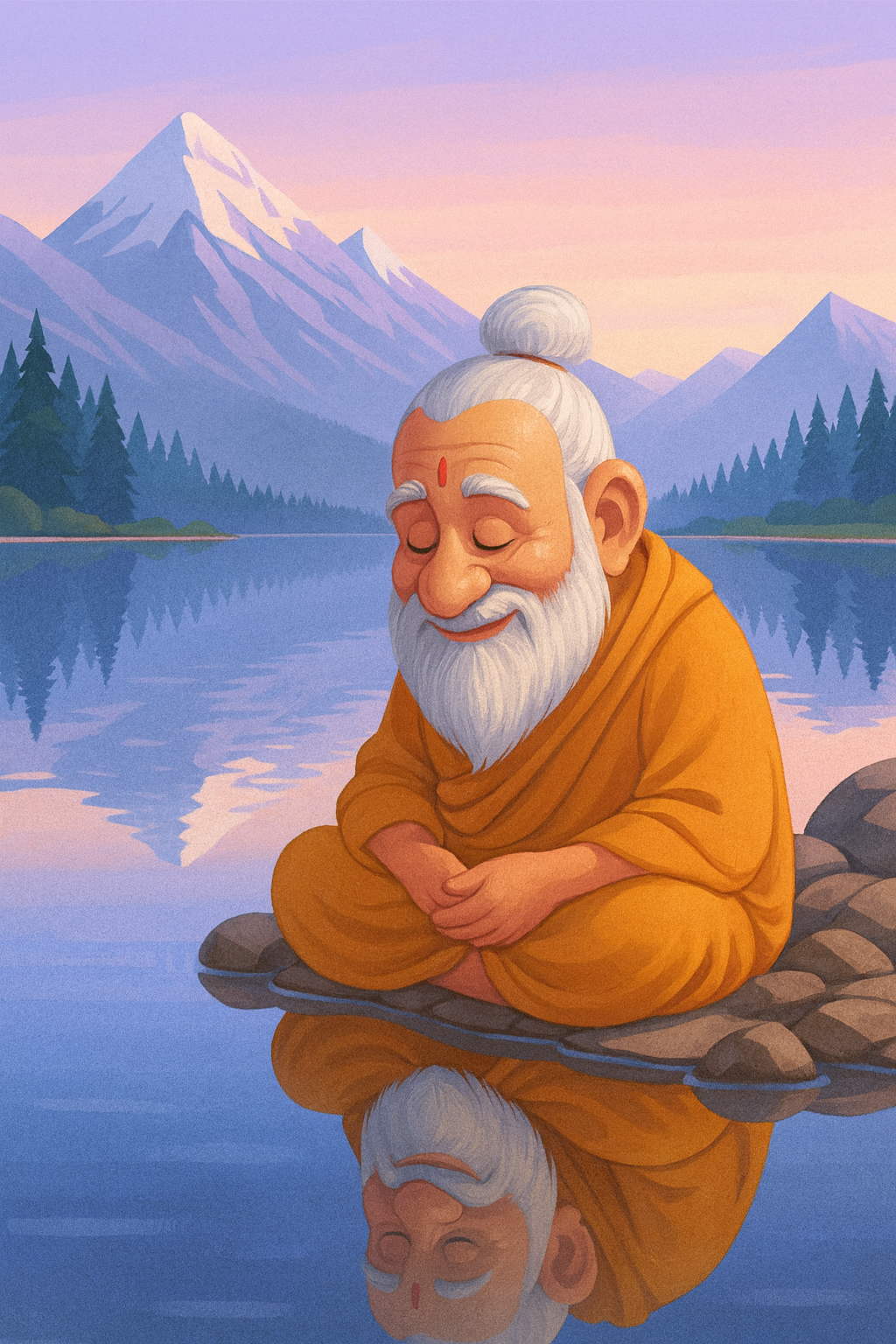 Yogi Agso observing his own reflection at the lake and going into deep Self-inquiry.