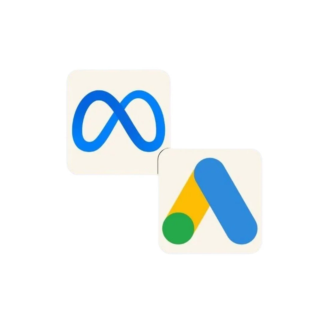 Logos of Meta and Google Ads displayed on white squares.