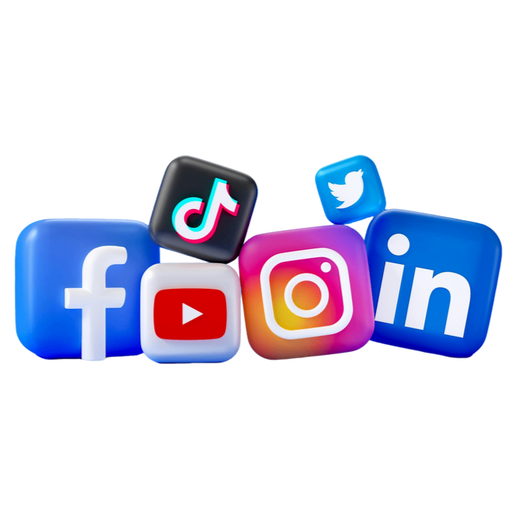 Colorful 3D icons of popular social media platforms, including Facebook, YouTube, TikTok, Instagram, Twitter, and LinkedIn, arranged in a cluster.