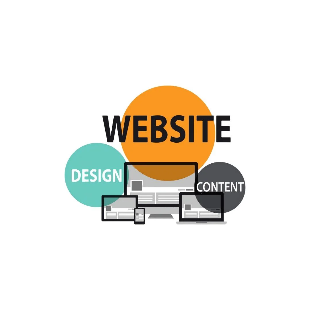 Graphic illustrating website components with overlapping circles labeled 'Design,' 'Content,' and 'Website' alongside images of various devices.