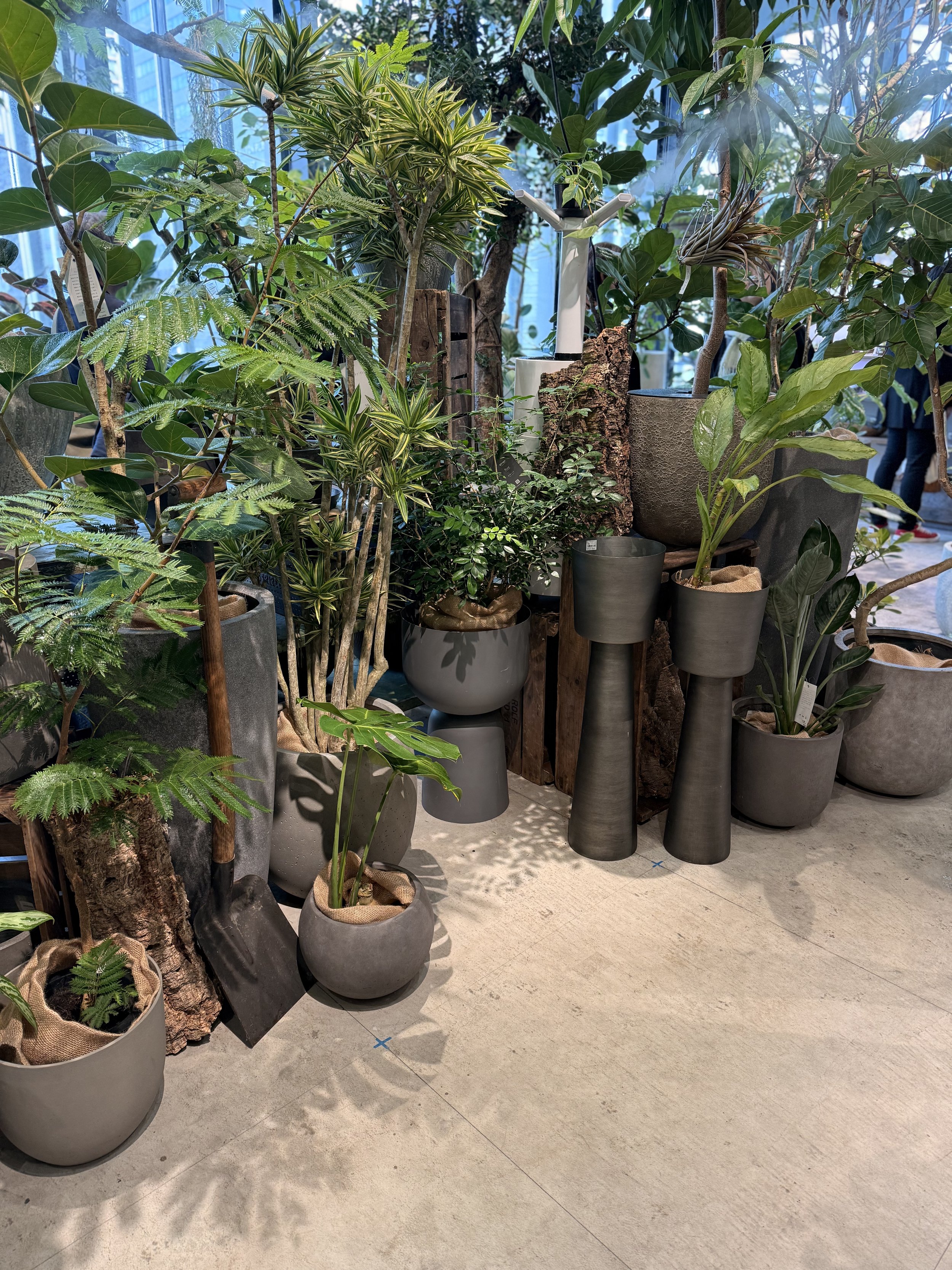 Various potted plants and greenery arranged on a display with natural-looking decor, including wooden logs, in an indoor setting.