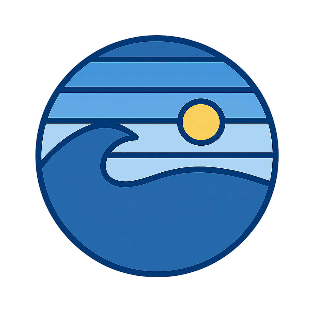 Abstract illustration of a wave with the sun or moon in the background, using shades of blue and a yellow circle.