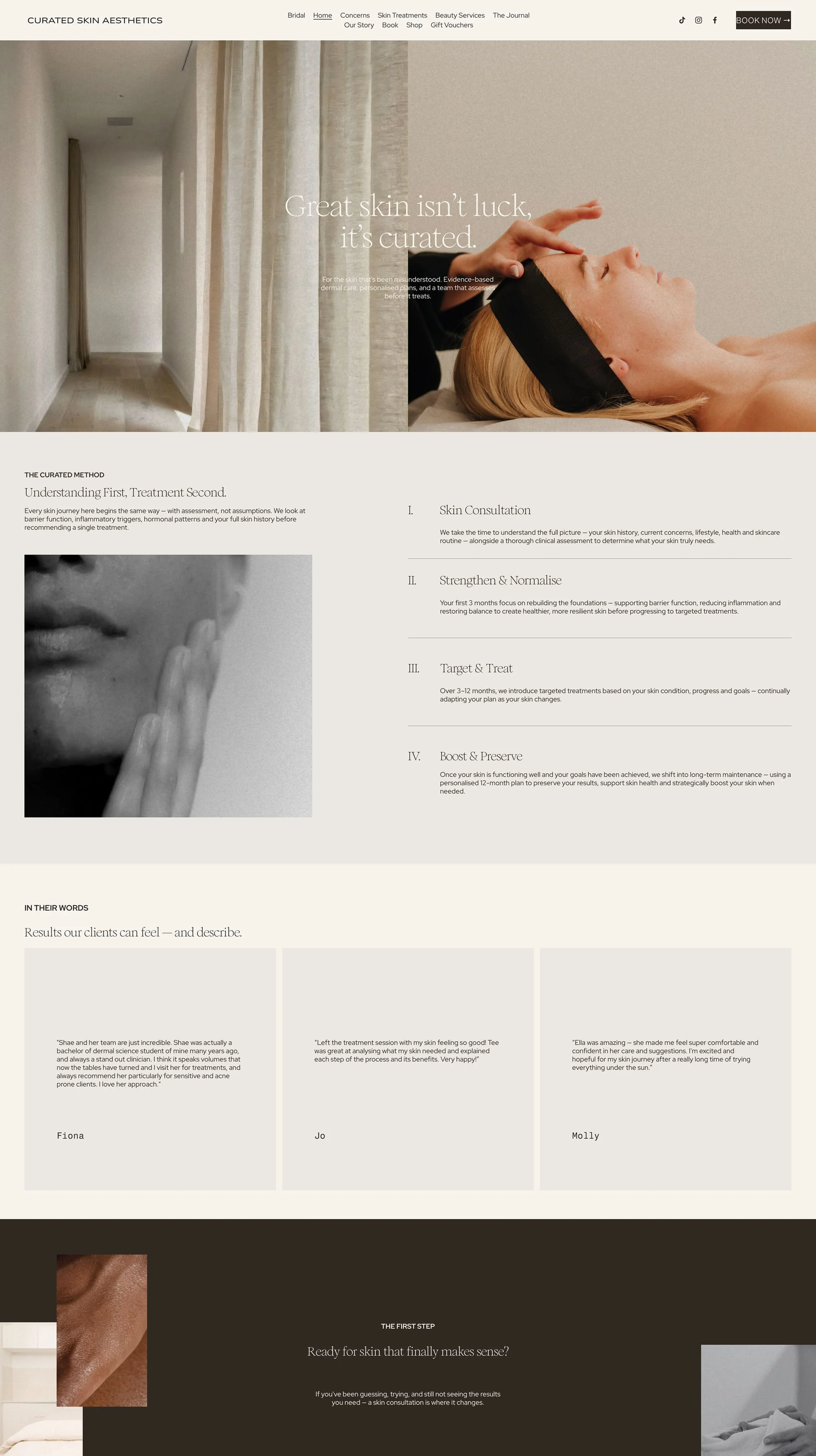 Website homepage for Curated Skin Aesthetics, showing a woman receiving a skincare treatment with a headband, front view, and a hallway with curtains.