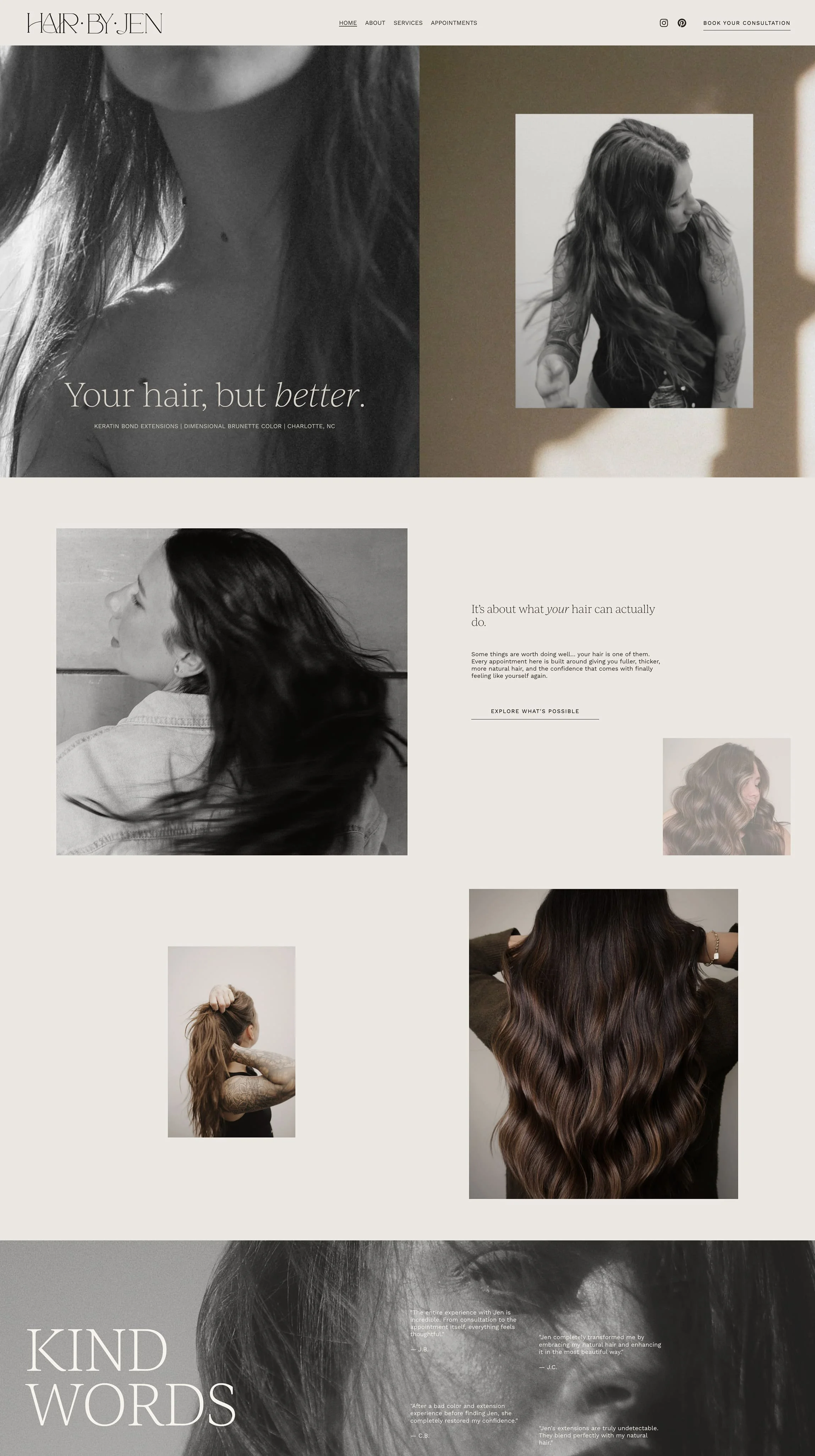 Homepage of a hair salon website featuring black-and-white and color images of women with various hairstyles, including long, wavy, and straight hair. The site has a minimalist design with navigation links for Home, About, Services, Appointments, and a button to book a consultation.