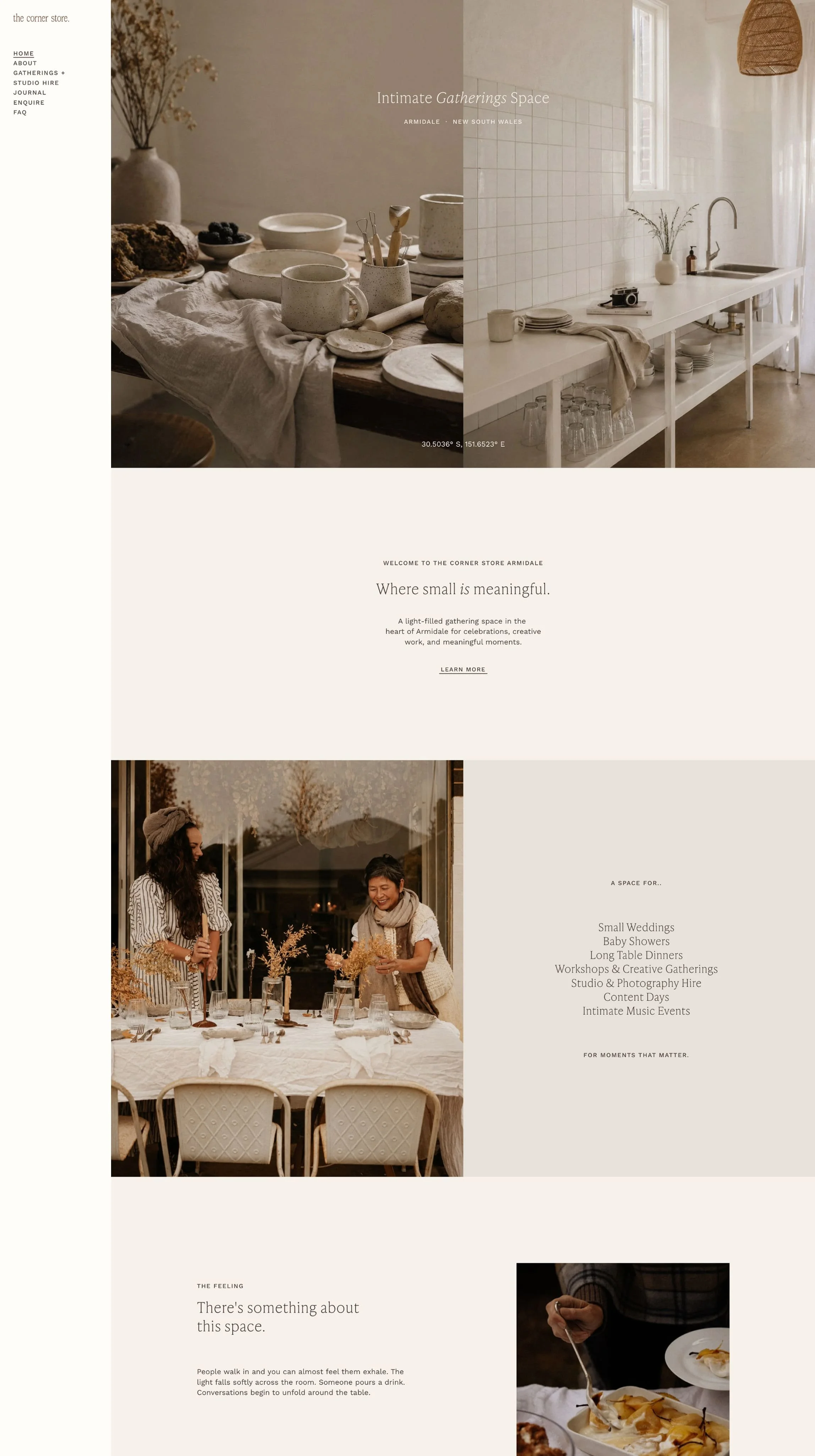 A website homepage for a gathering space called 'The Corner Store' in Armidale, New South Wales. The page features images of a cozy breakfast or dining scene with a table set with dishes, and a group of people preparing a meal outdoors. The design uses neutral, earthy tones and minimalist aesthetic, with text emphasizing small, meaningful gatherings.