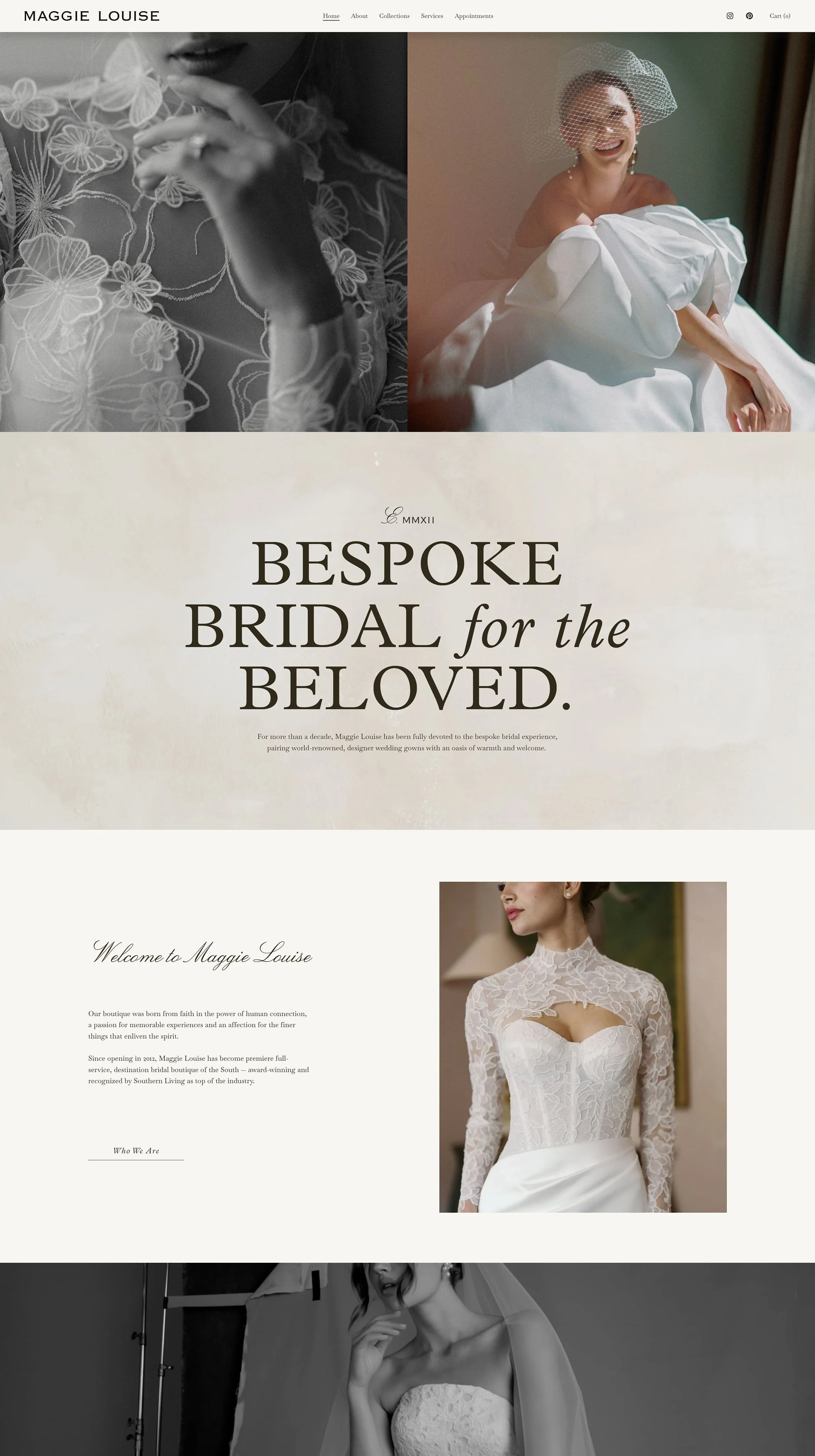 Website homepage for Maggie Louise, a bridal boutique, featuring images of wedding dresses and a bride in elegant attire, with the main text "Bespoke Bridal for the Beloved." The page includes navigation options and a welcome message.