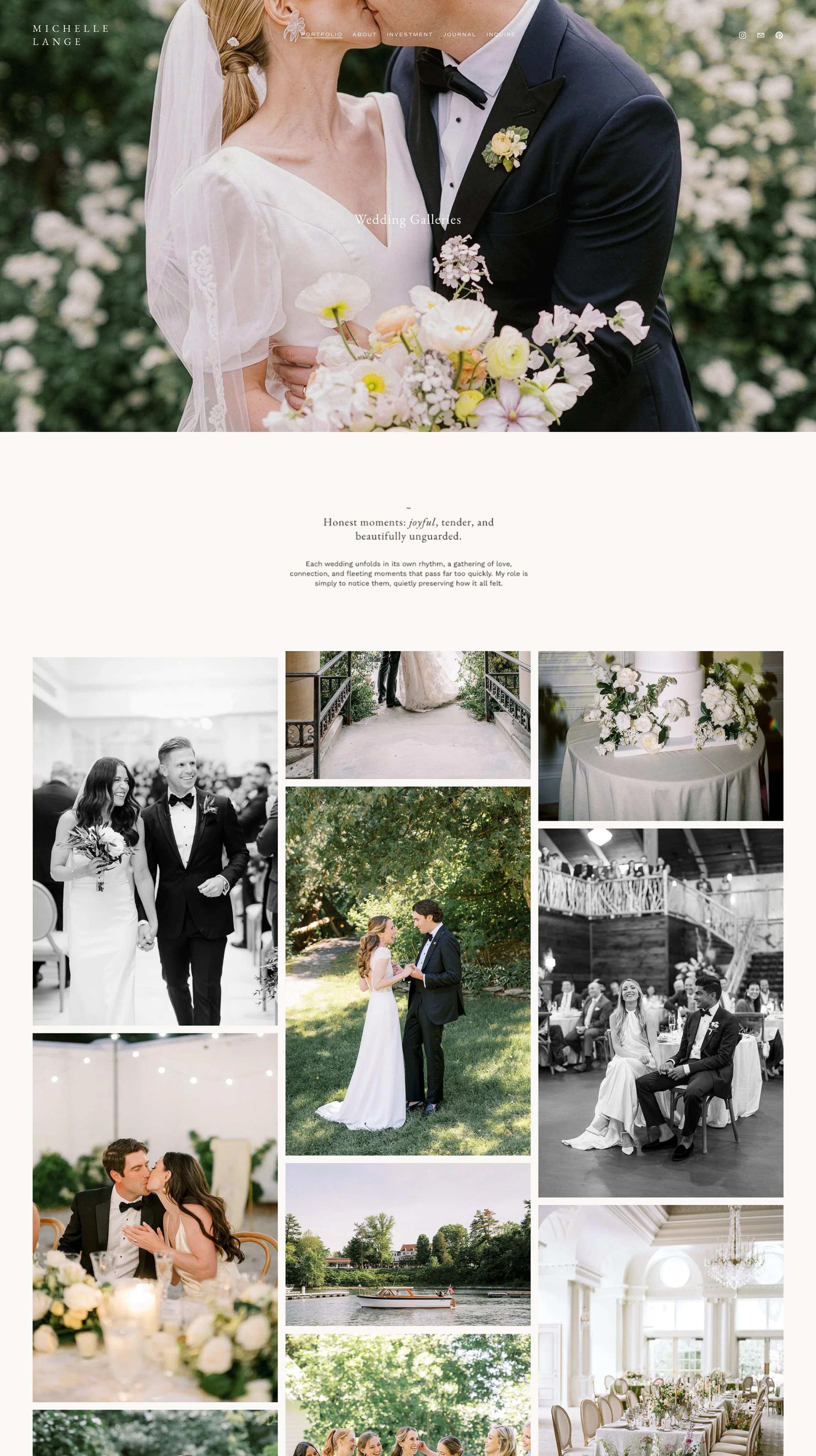 A wedding website homepage featuring a large photo of a bride and groom, smaller images of wedding moments, venue, and reception, with elegant decor and outdoor scenery.