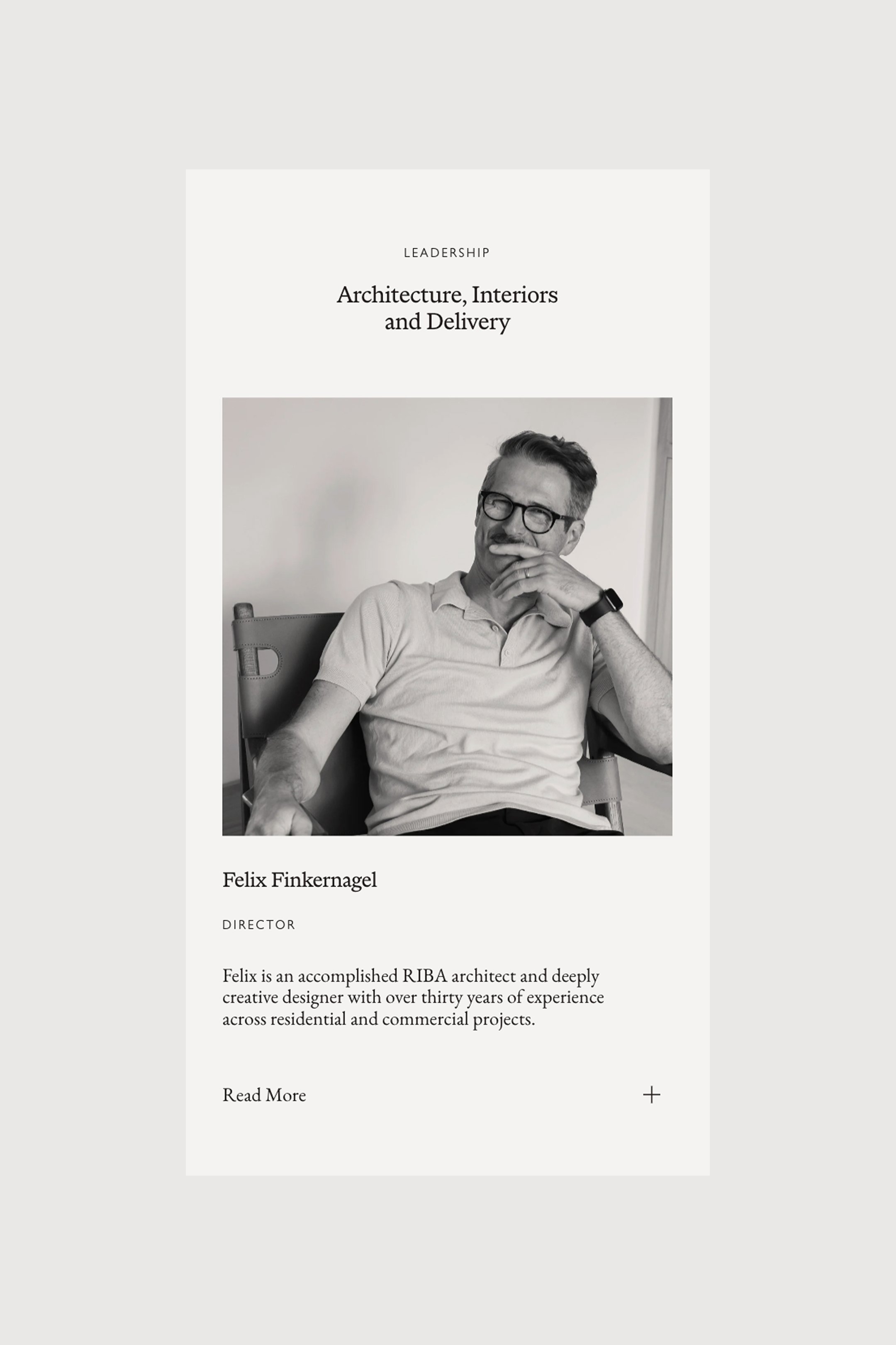 A digital profile or biography page featuring a black-and-white portrait of a man named Felix Finkernagel, who is wearing glasses and a light-colored polo shirt, sitting in a chair with a slight smile, with the text indicating he is a director and an accomplished RIBA architect with over thirty years of experience.