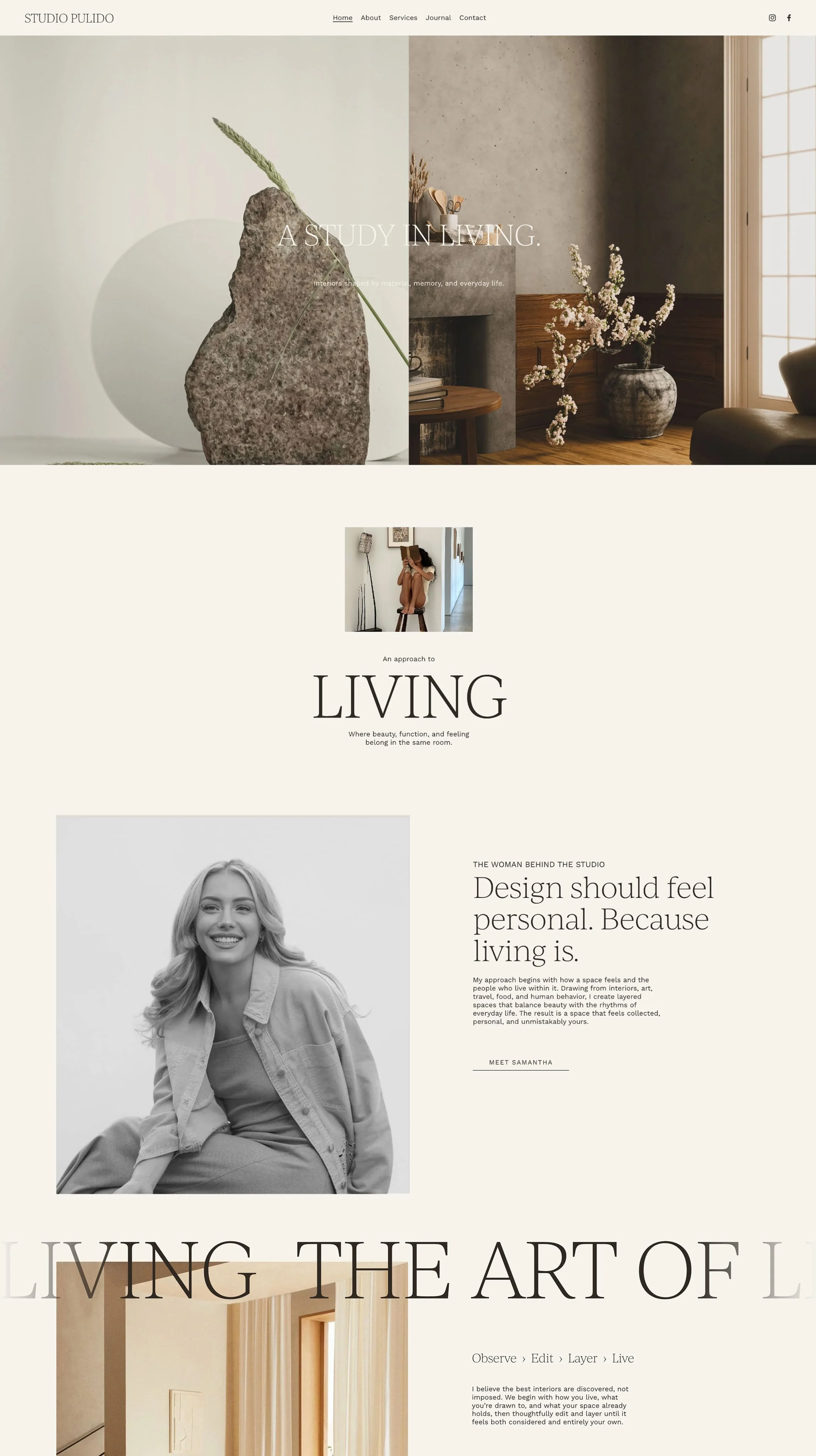 A web page homepage for Studio Pulido showcasing interior design with images of a stone sculpture, a woman reading a book in an abstract setting, and a cozy living room with natural light and flowering plants.