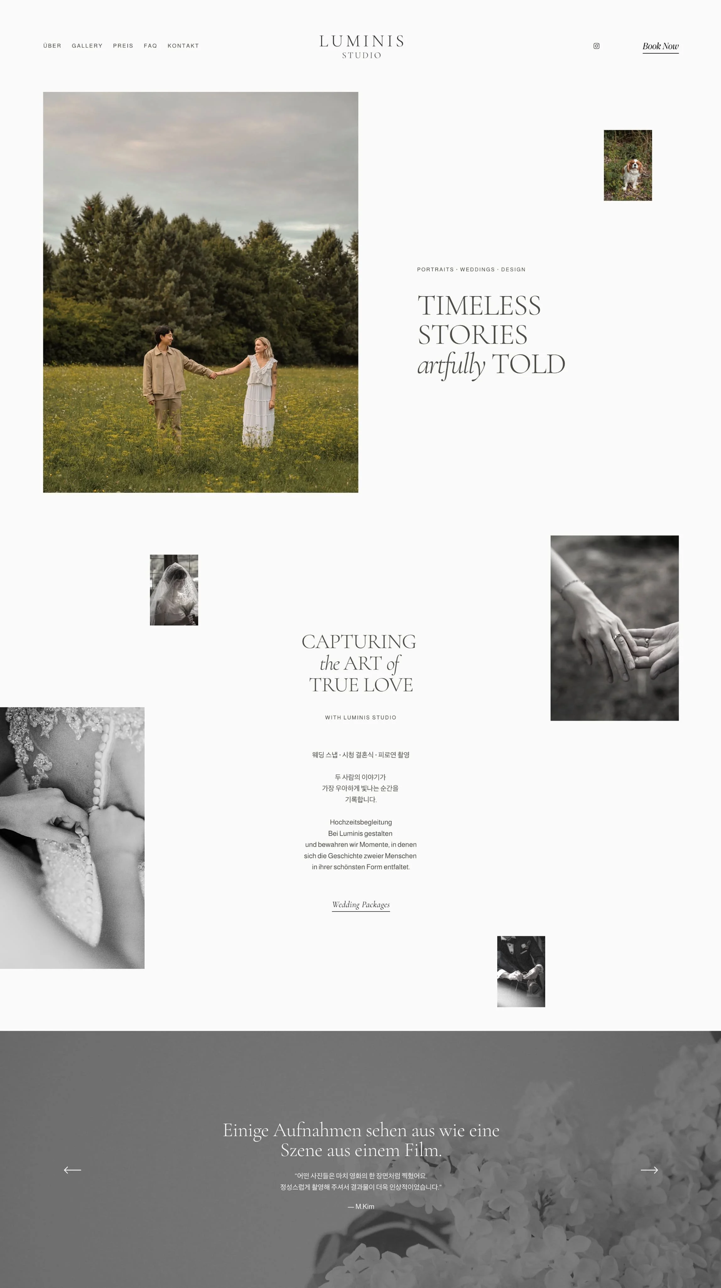 A website homepage for Luminis Studio, featuring a large photo of a couple holding hands in a field, with trees and a cloudy sky in the background. The page includes text about storytelling, artful love, and wedding photography, with smaller black-and-white photos of a bride and a couple exchanging rings.