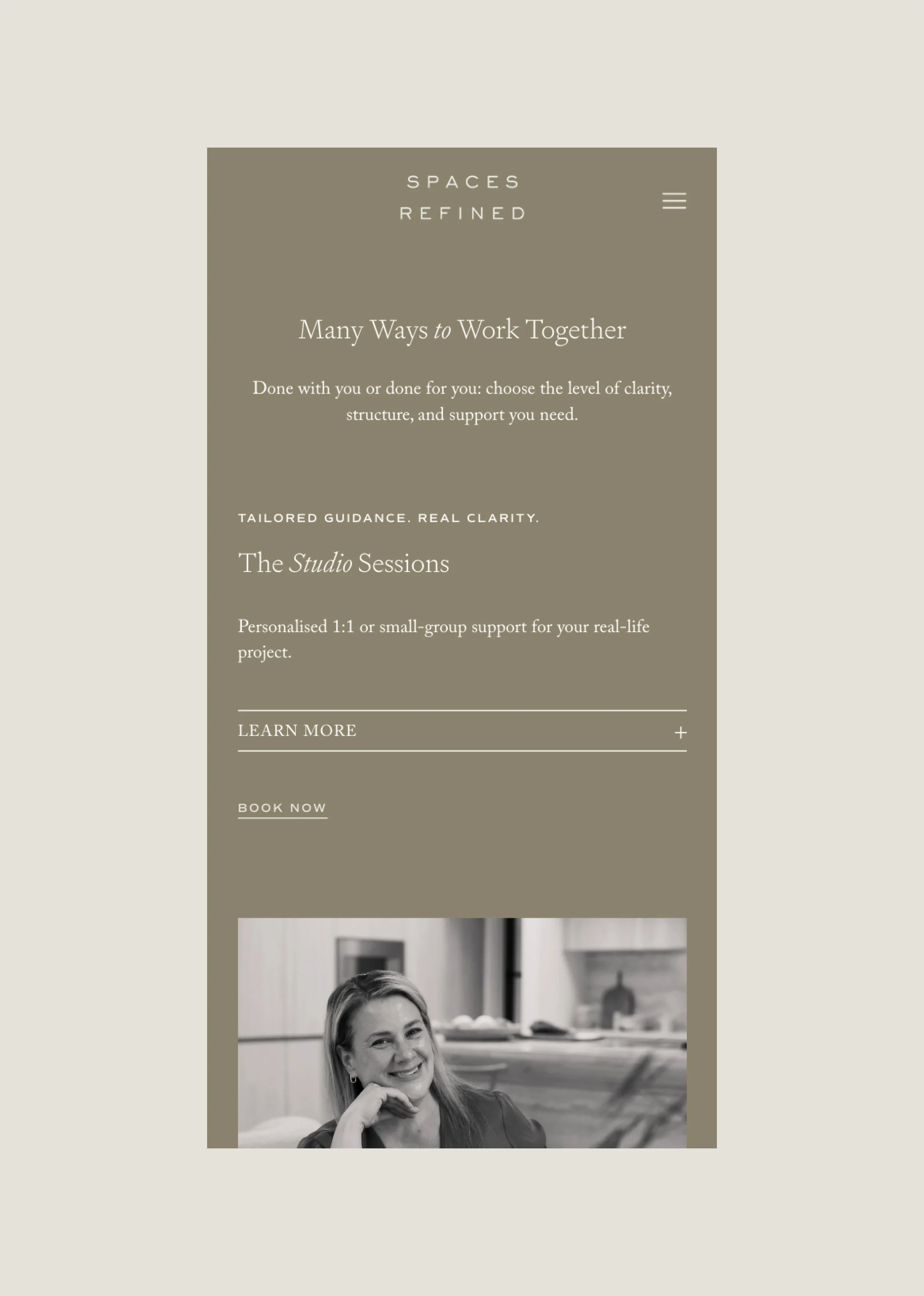 A mobile-friendly webpage with a beige background and a central brown panel promoting studio sessions for guidance and support, featuring text about work guidance, a photo of a woman smiling in black-and-white at the bottom.