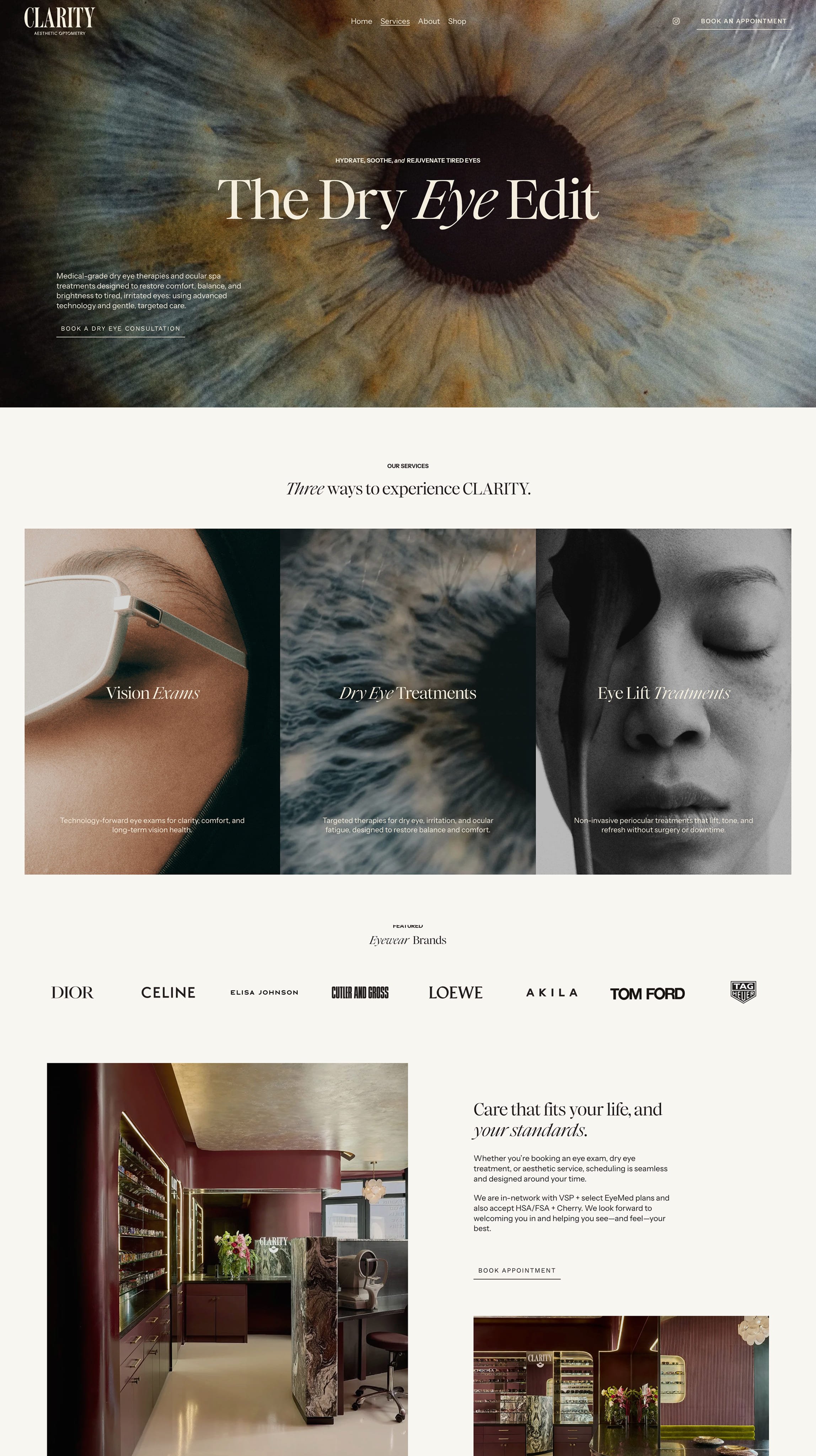 Website homepage for Clarity, an optometry clinic specializing in dry eye treatments and eye care services, with images of eye, eye care services, and interior of the clinic.