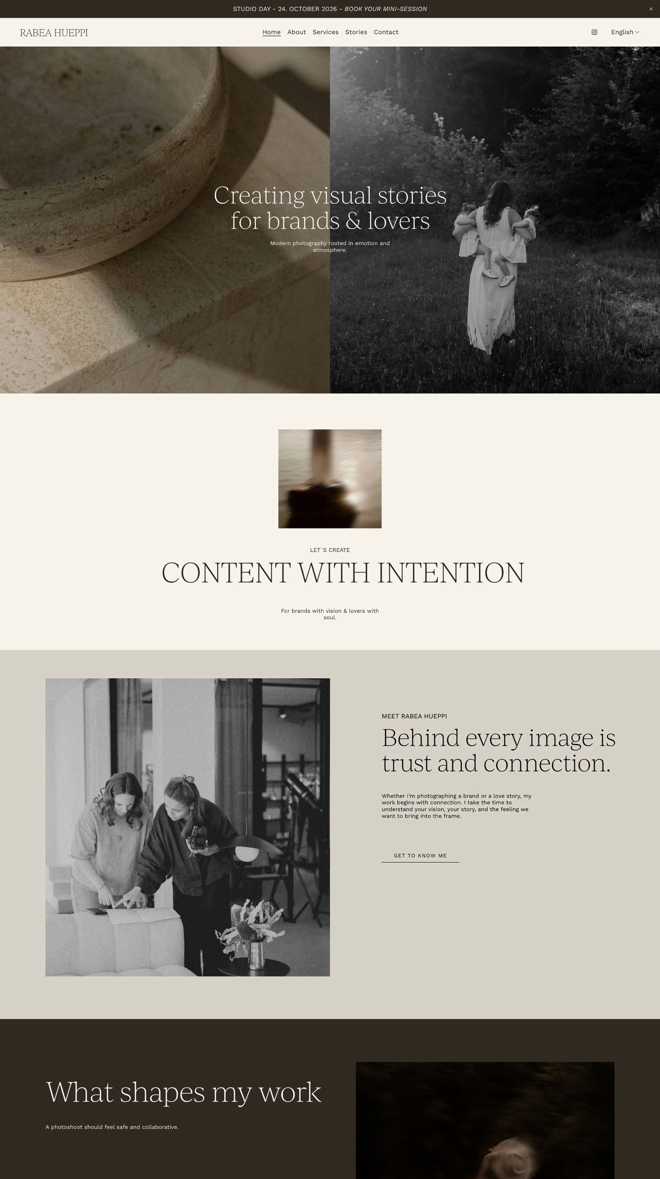 Website homepage for Rabea Hueppi, featuring photography and storytelling content. The page includes a header with navigation links, a main section with images and text about creating visual stories, and a black-and-white photo of a woman carrying two children through a wooded area.