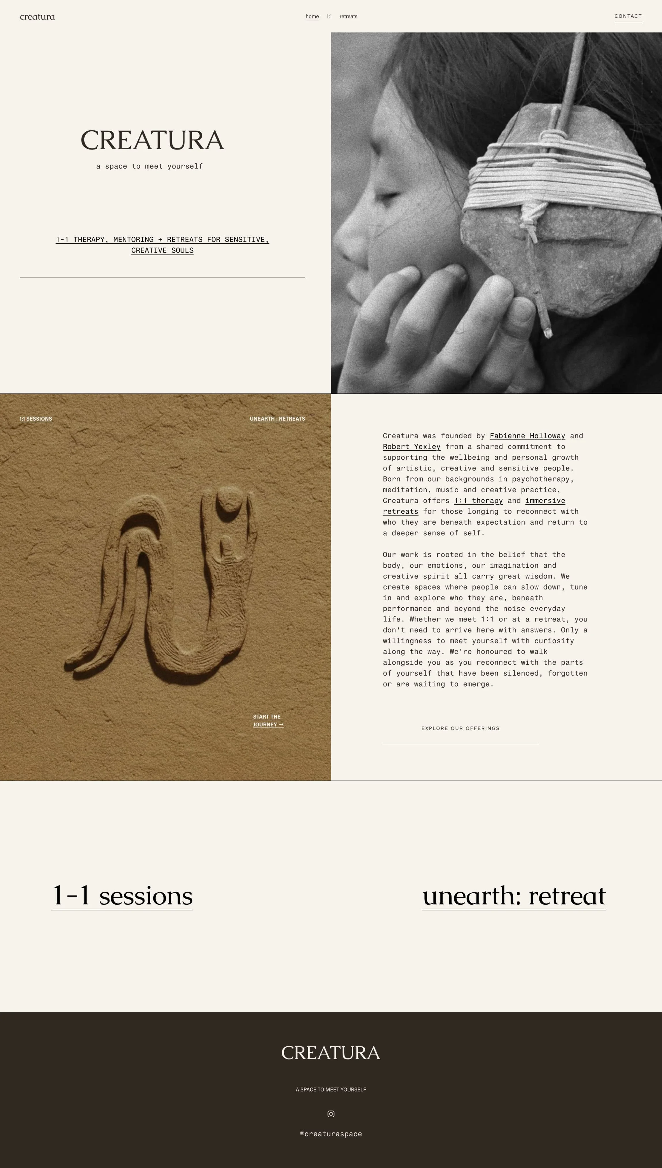 Website homepage for Creatura, offering therapy, mentoring, and retreats for sensitive, creative individuals, featuring a black and white photo of a person with a stone earpiece, and a sandy textured section with carved symbols.