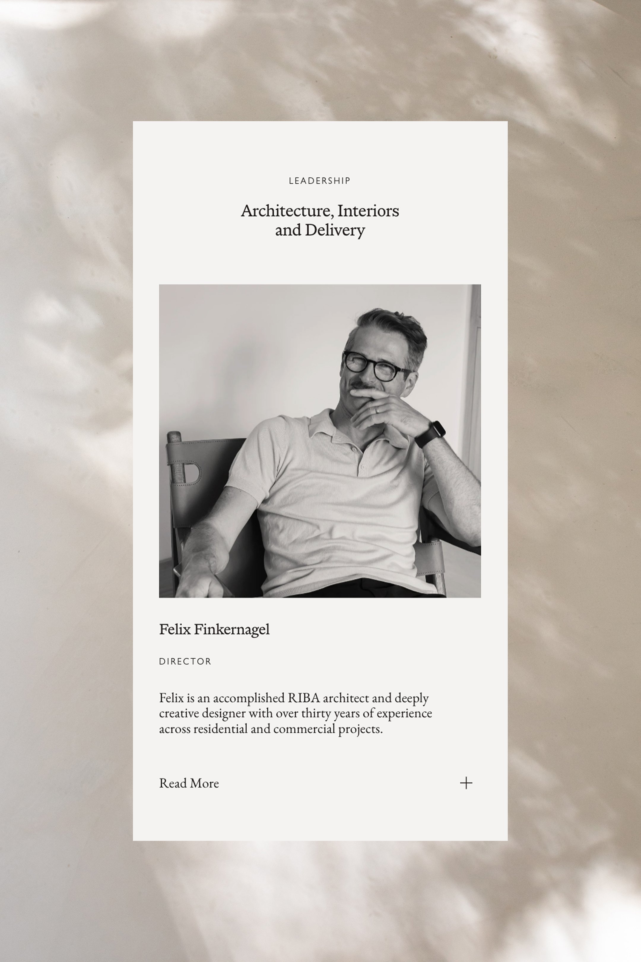 A digital profile or resume page for Felix Finkernagel, featuring a black and white portrait of a man with glasses, sitting in a chair, smiling and resting his chin on his hand.