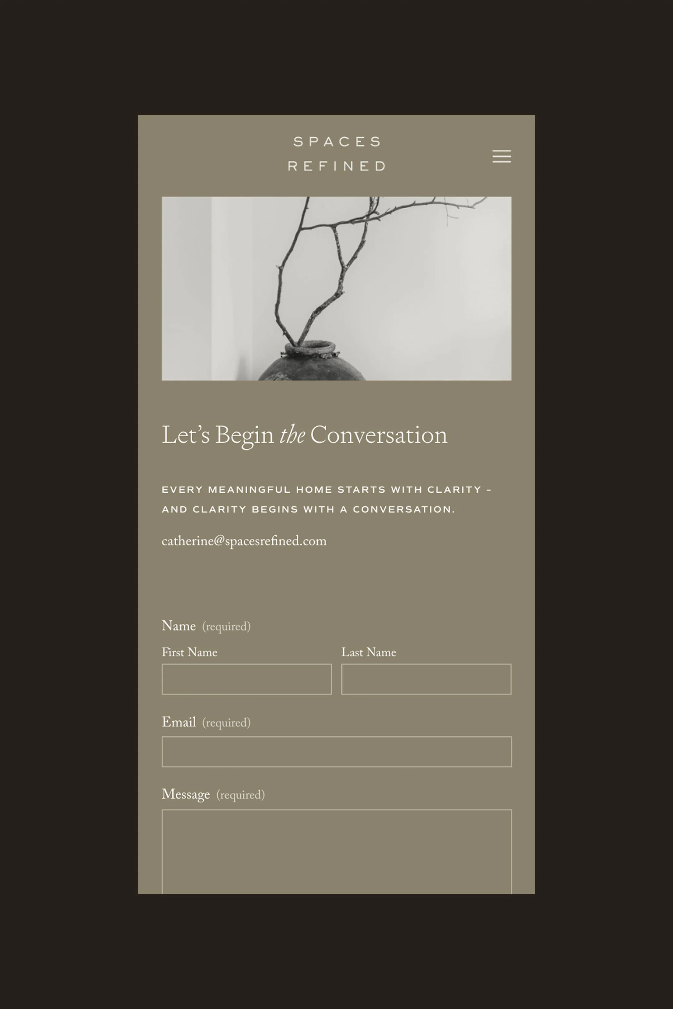 A website or digital form titled 'Spaces Refined,' featuring a grayscale photo of a vase with bare branches, and text encouraging conversation and clarity for home design or organization inquiries.
