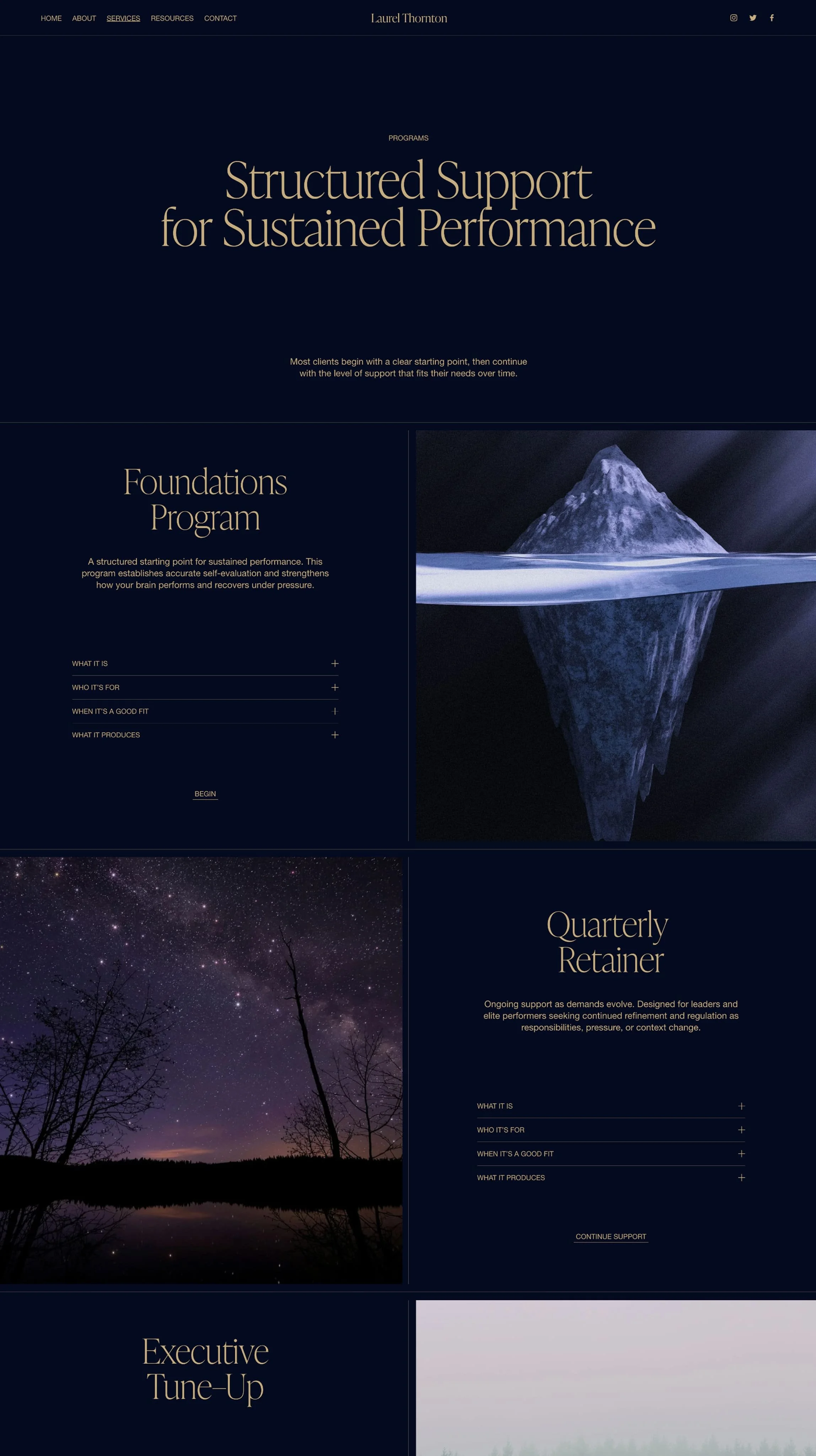 Screenshot of a website homepage for Laurel Thornton, featuring sections on structured support for sustained performance, foundations program, quarterly retainer, and executive tune-up, with dark navy background and images of mountains, stars, and misty landscape.