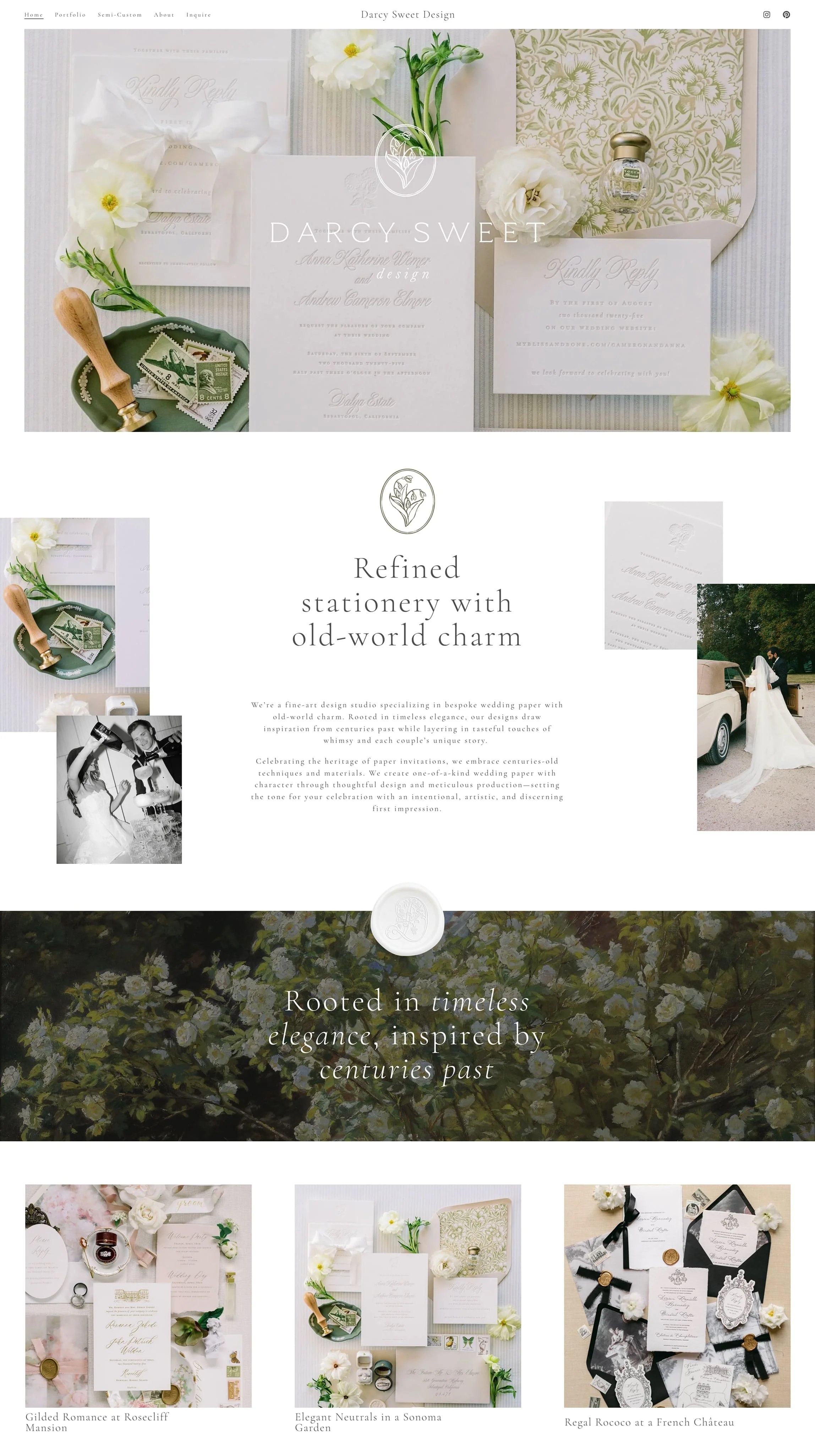A wedding invitation flat lay with white flowers, vintage stamps, and writing materials, accompanied by a wedding photo of a bride and groom with a classic car, and images showcasing wedding stationery in elegant designs.