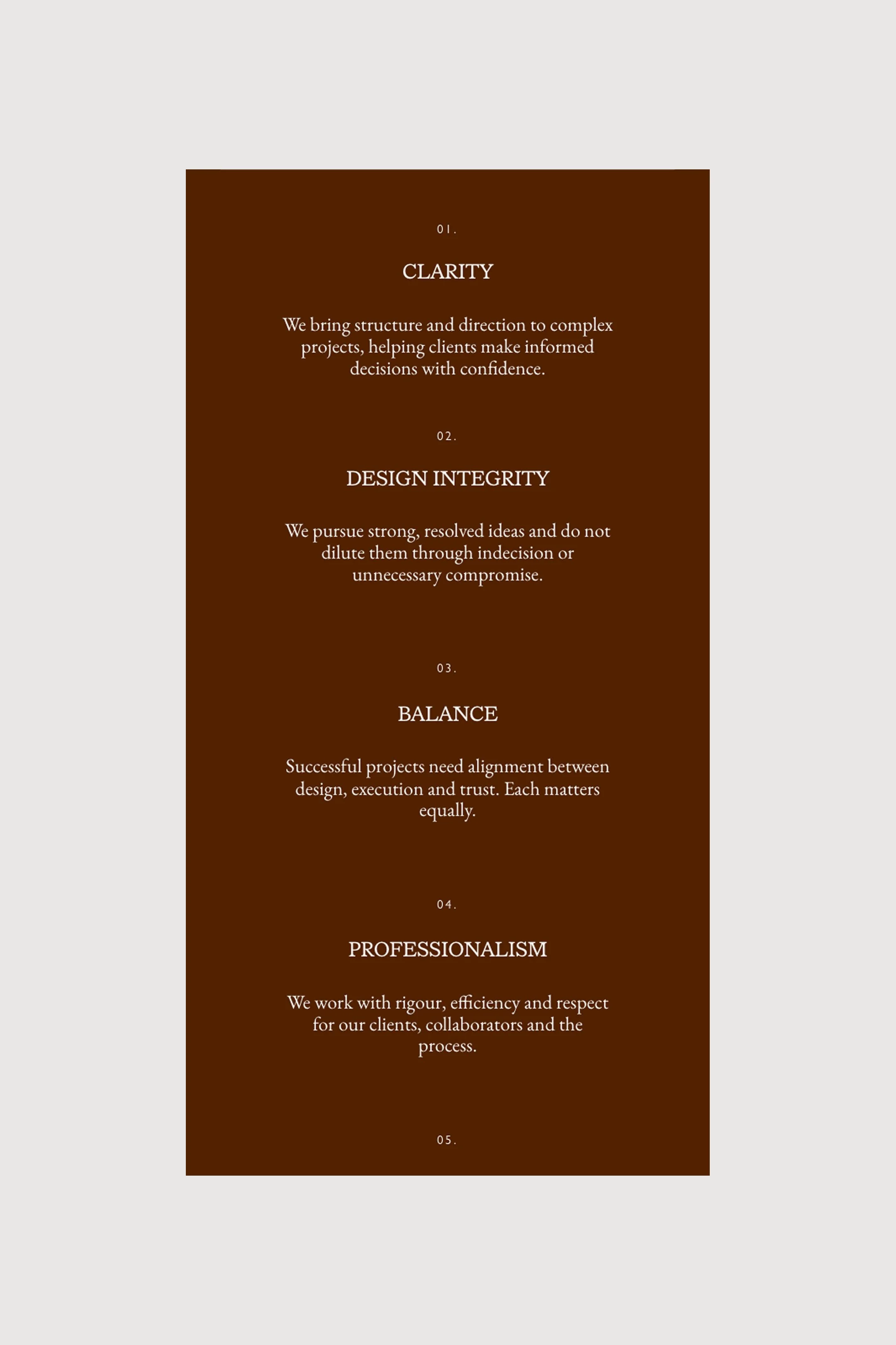 A definition page with five sections: Clarity, Design Integrity, Balance, Professionalism, and a header with the number 01. Each section contains a descriptive paragraph about project principles.