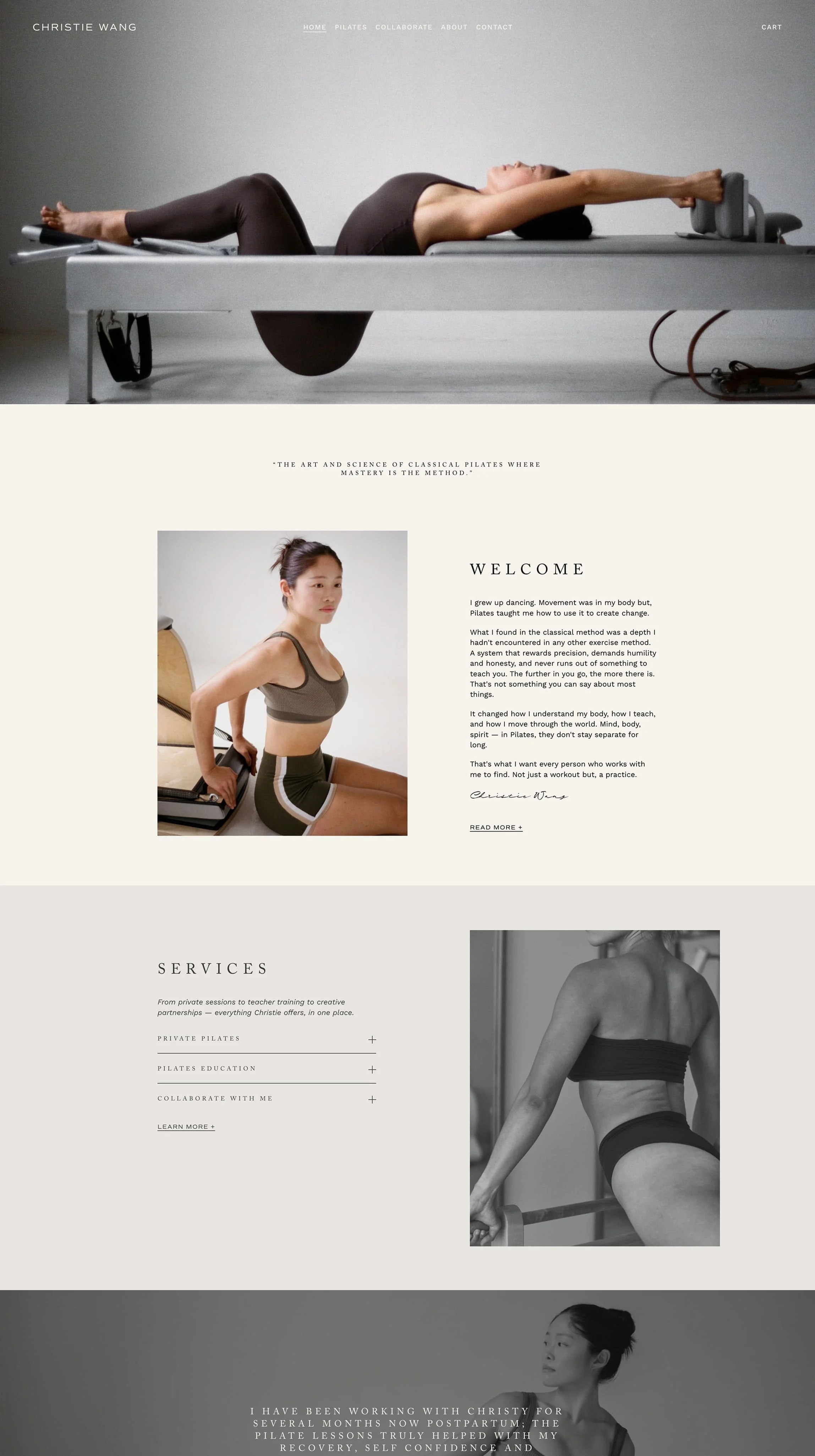 Landing page of a Pilates website featuring images of women in workout poses and text about Pilates services and philosophy.