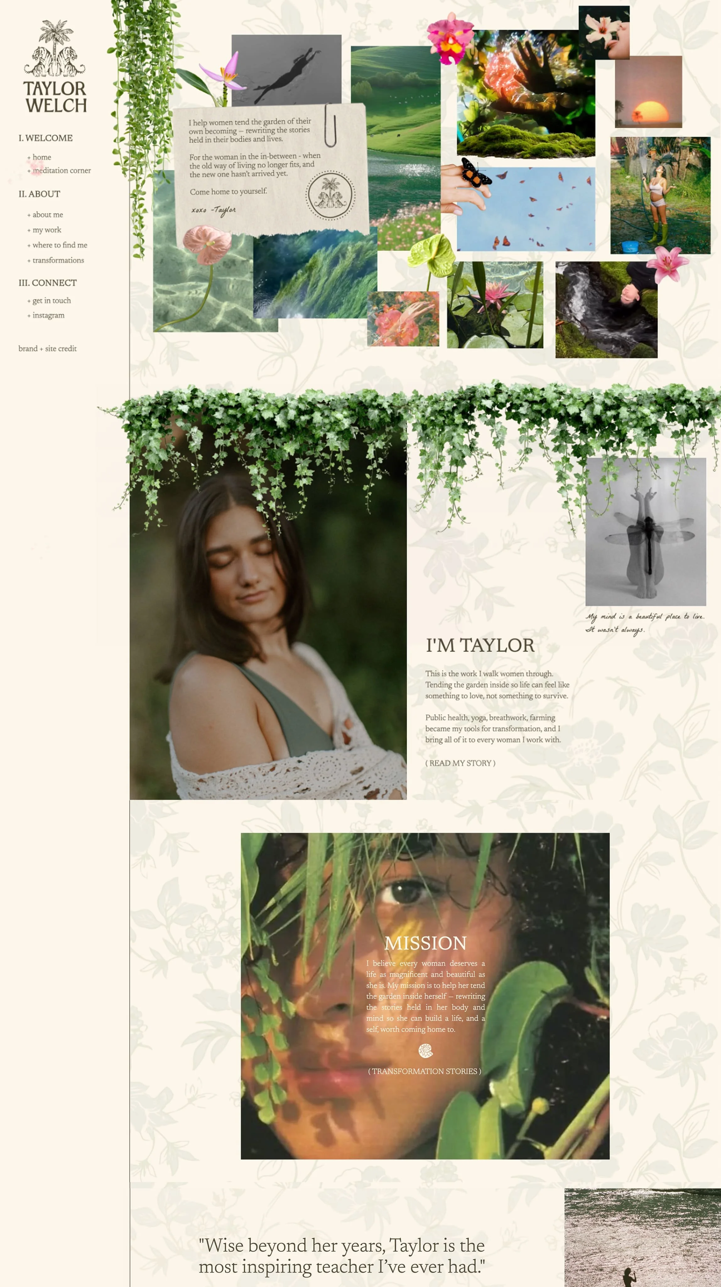 Collage of nature-themed images and texts, including a woman with closed eyes, various flowers, water scenes, butterflies, and text snippets about self-growth, transformation, and inspiration.