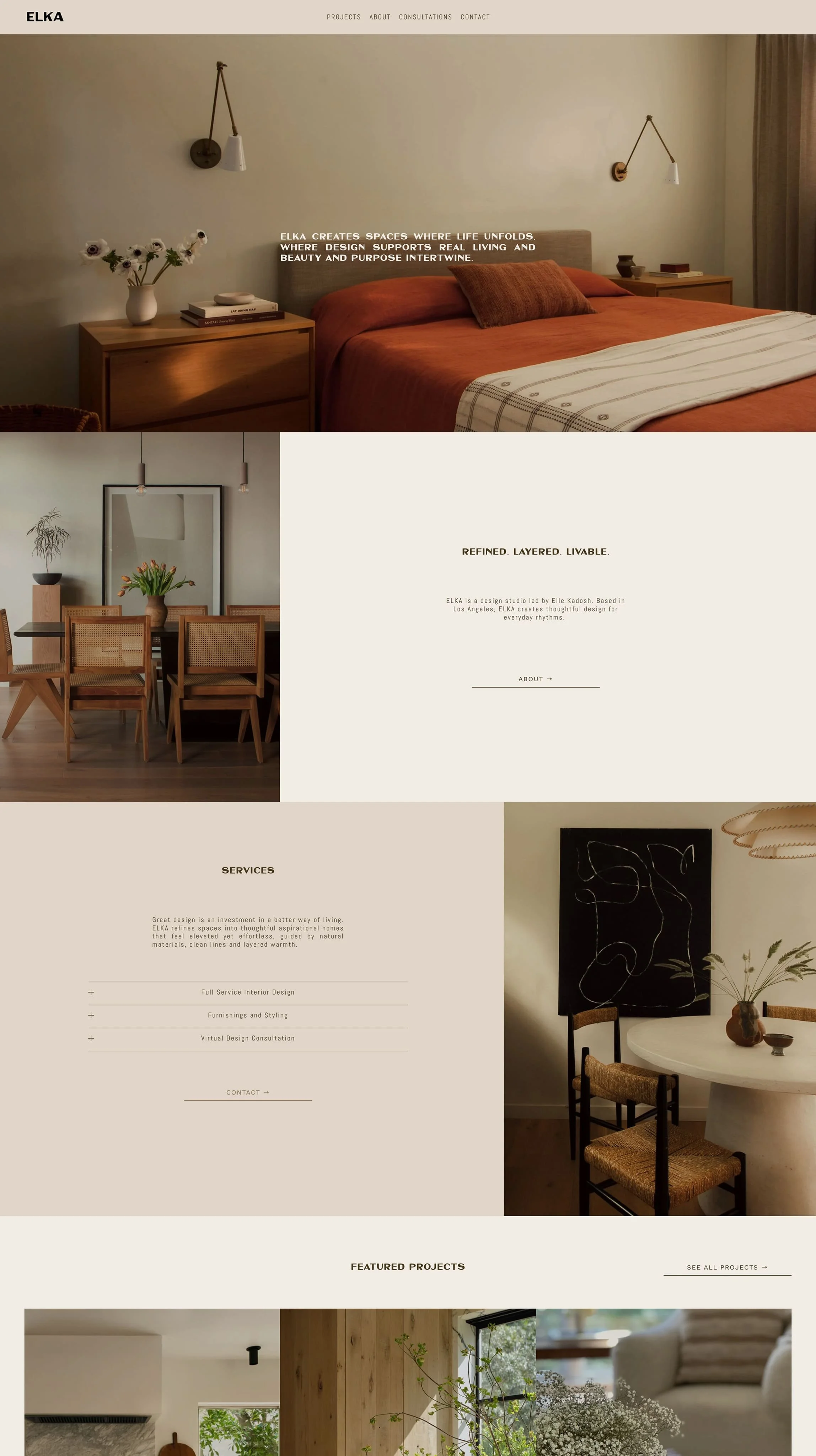 A homepage of an interior design studio website featuring photos of modern, minimalist living and dining spaces with natural materials and neutral tones.