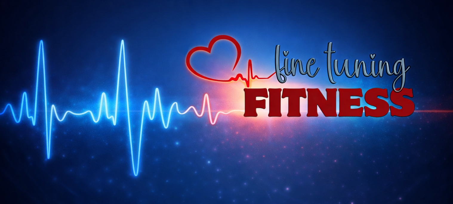 Neon heart with heartbeat line and text 'fine tuning FITNESS' on a dark background.