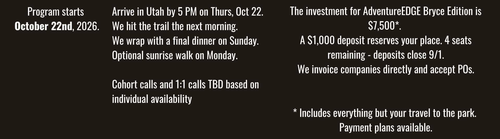 Black background with white text detailing travel and investment plans, including trip dates, itinerary, investment amount, deposit, and payment information.