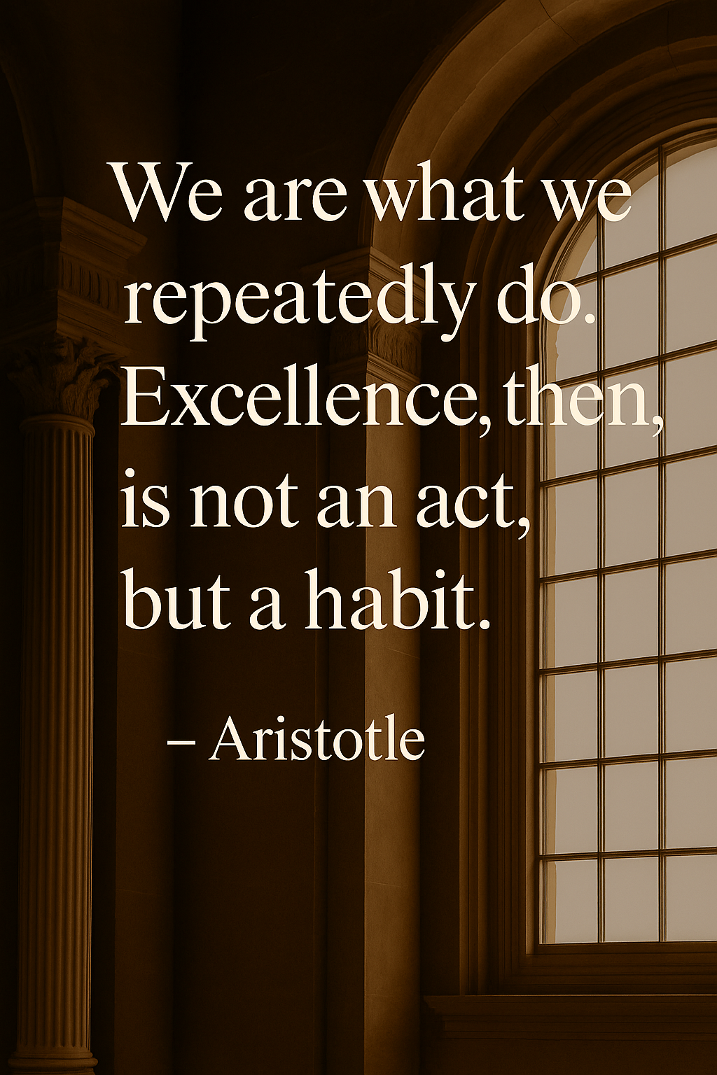 Quote by Aristotle about habits on a background of a classical interior with large window and columns.
