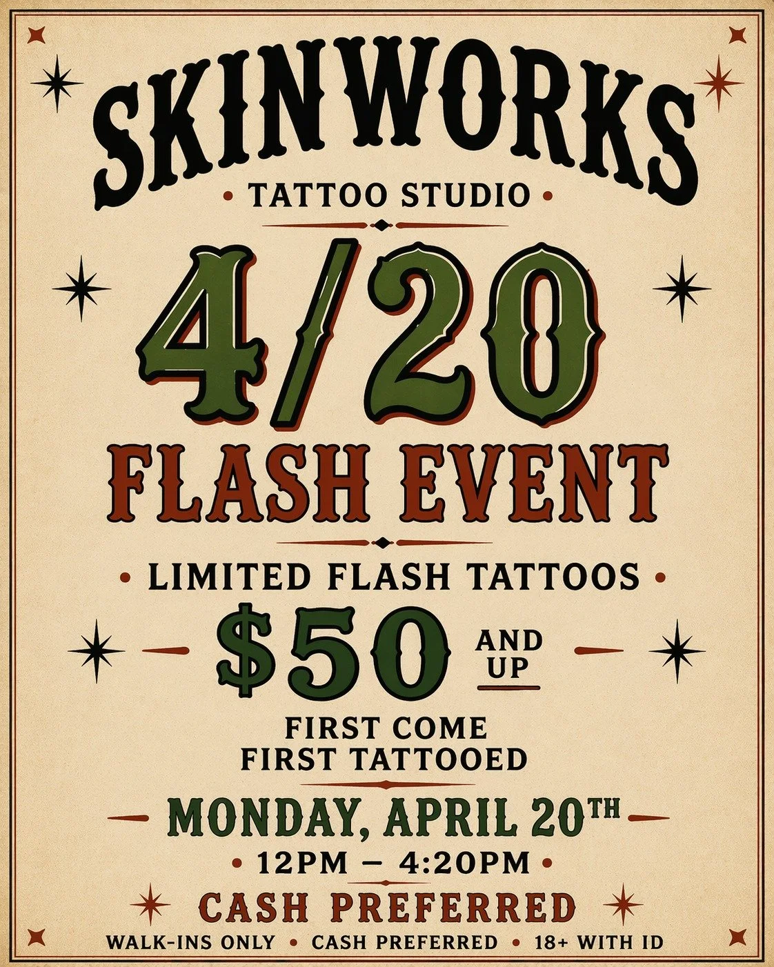We&rsquo;re open this Monday for another Flash Event!!! 🔥
Pull up for 4/20 🍃
No sneak peeks this time&hellip; you&rsquo;ll have to see in person 👀
10am&ndash;4:20pm
Text (918) 378-3500 with any questions