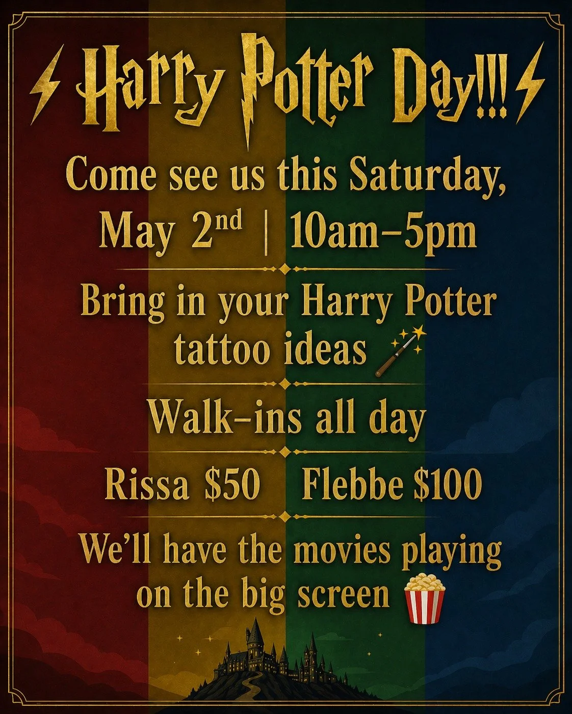 ⚡️Harry Potter Day!!!⚡️
Saturday, May 2nd | 10am&ndash;5pm
Bring us your HP ideas 🪄
Walk-ins all day
We&rsquo;ll have the movies playing on the big screen 🍿