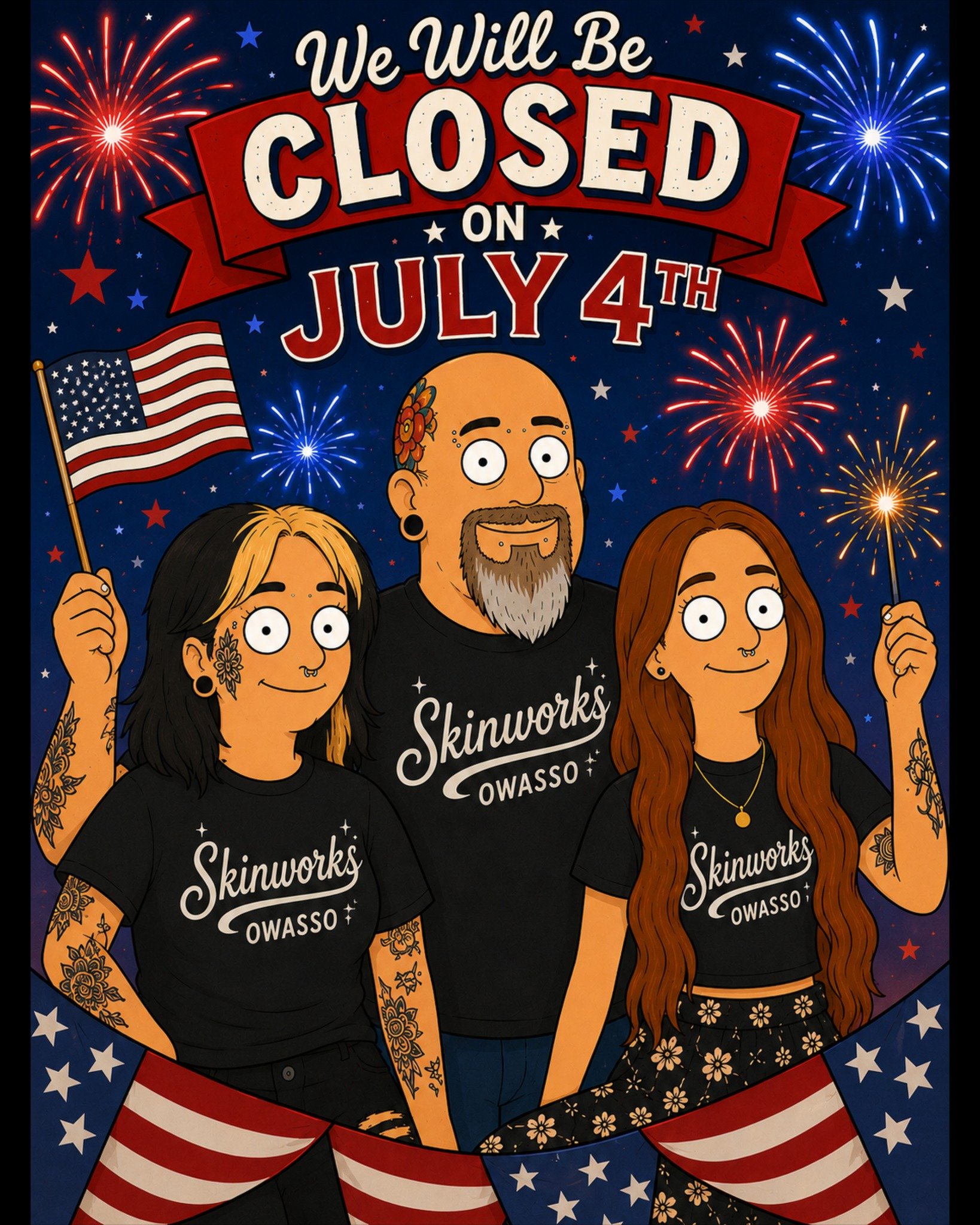 🇺🇸 **Holiday Hours** 🇺🇸

Skinworks Tattoo will be **closed Saturday, July 4th** so Flebbe, Rissa, and Eilie can spend the day with friends and family.

We'll be back to our regular hours on **Tuesday**, ready for tattoos, piercings, and all your 