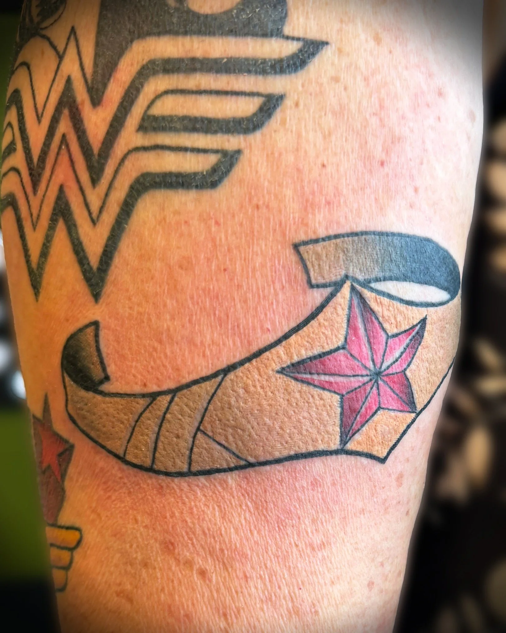 Of course we had to add Wonder Woman&rsquo;s tiara to the sleeve! 
It wouldn&rsquo;t be a Wonder Woman sleeve without it.
This whole piece is coming together one session at a time, and we&rsquo;re loving where it&rsquo;s headed.
What do you guys thin