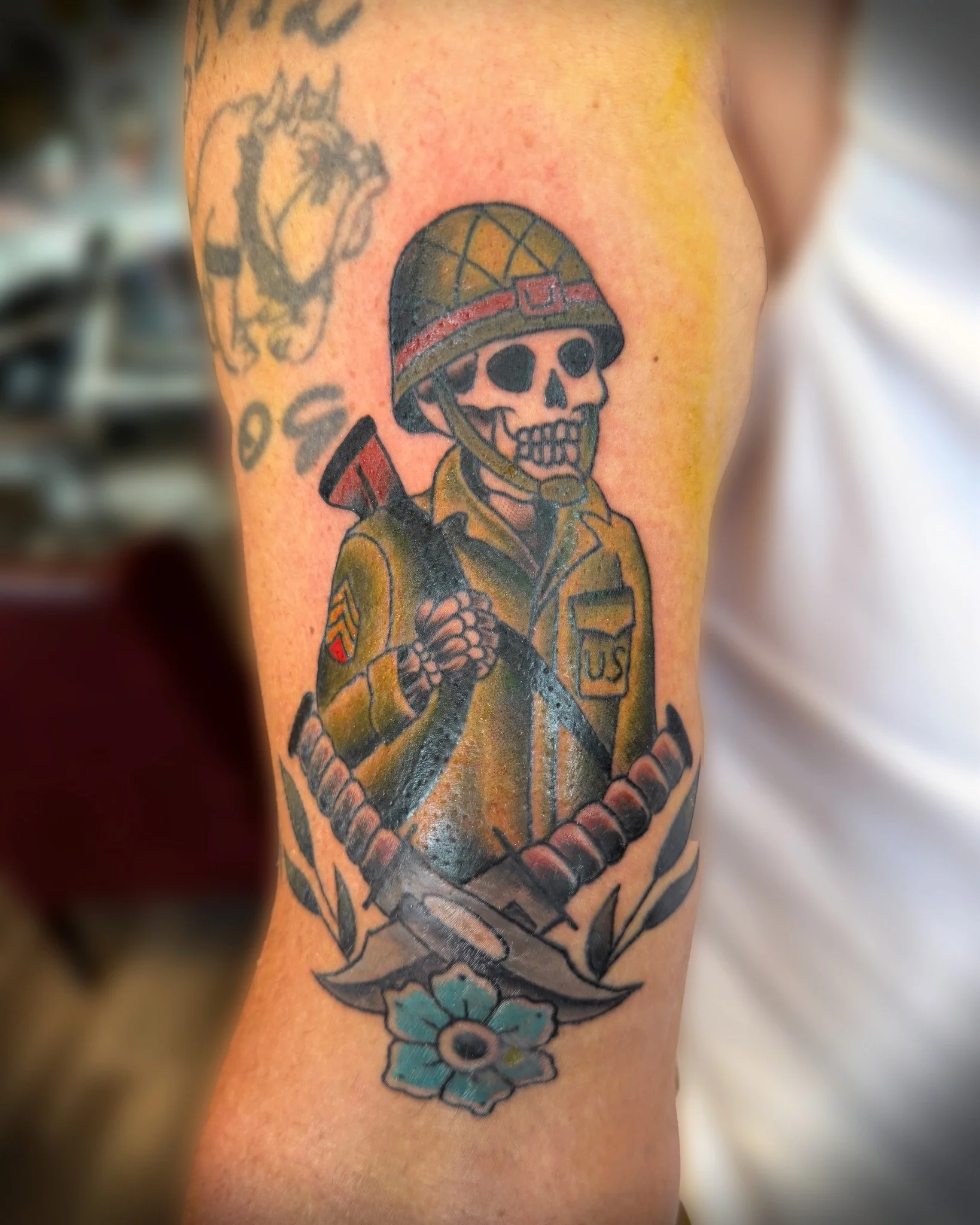 We finally finished up this military skeleton piece! 💀🔥

This one is half healed, half fresh, and 100% a blast to tattoo. 

Thanks for trusting us with such a cool piece, Dustin! 🇺🇸🖤