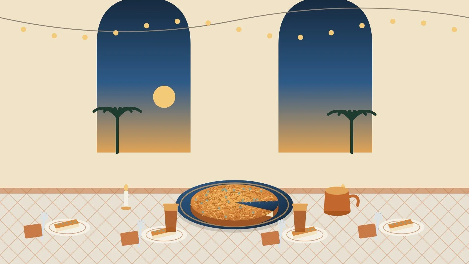 Illustration of a kunafa at the center of a set dinner table, with a slice on every plate, the dessert from The Saudi Assignment