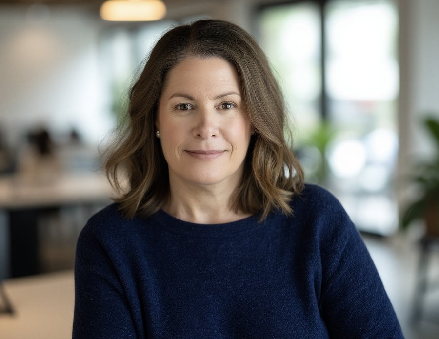 Spring Hempsey, mystery author, woman with shoulder-length brown hair, wearing a navy blue sweater, in a modern office setting with blurred background.