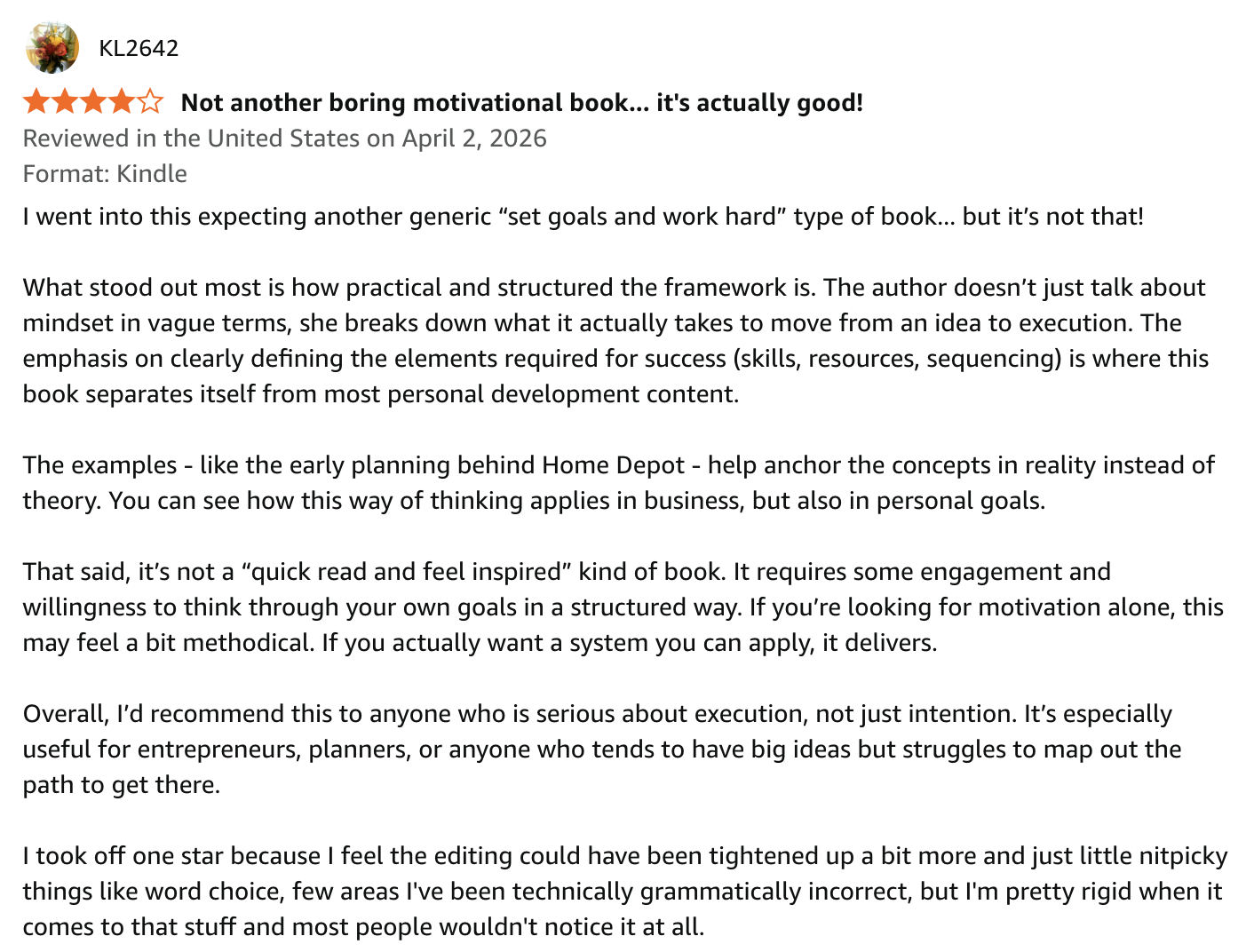 Screenshot of a book review. The reviewer gave it 4 out of 5 stars and describes it as practical, structured, and useful for goal-setting and execution, especially for entrepreneurs and planners.