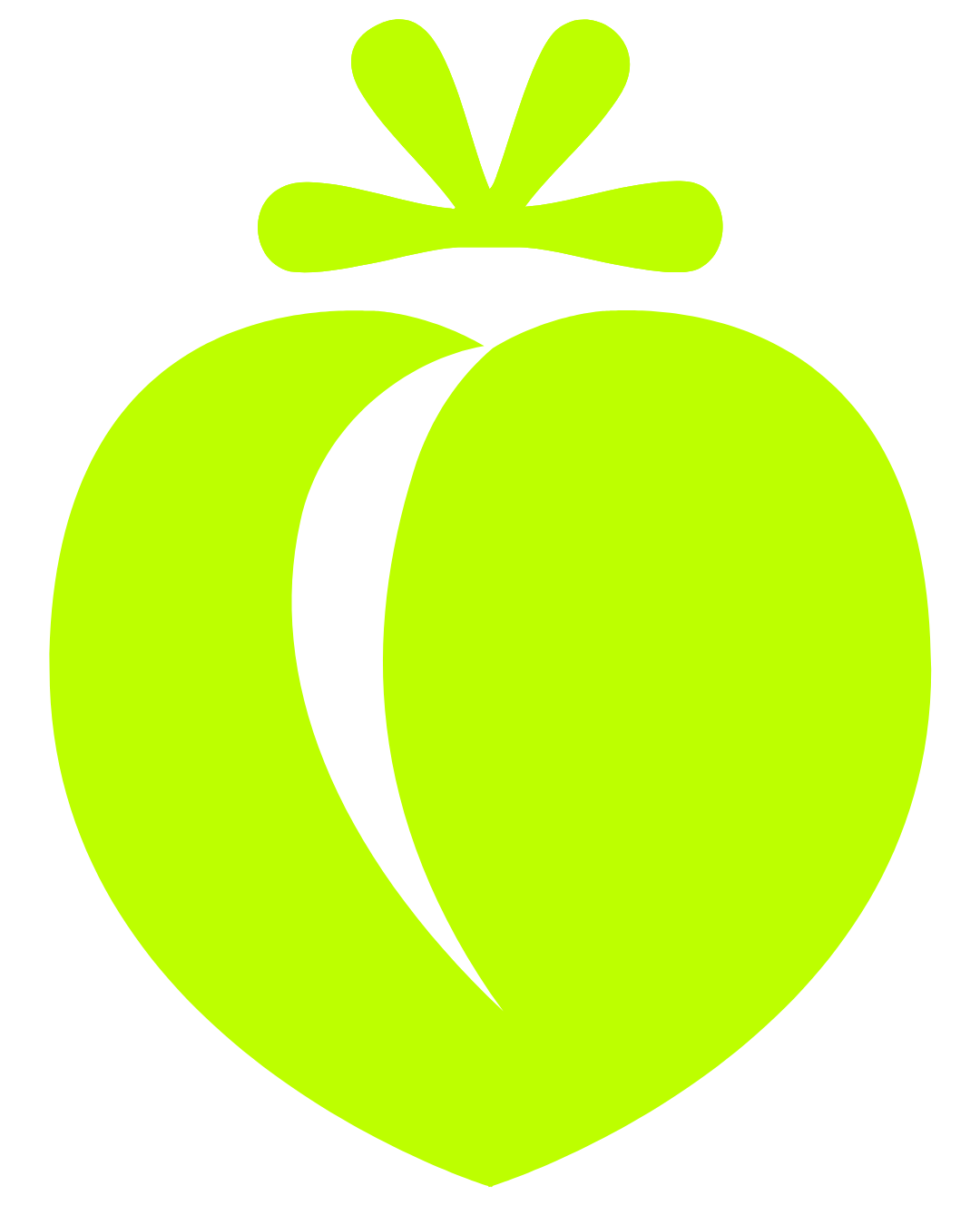 A lime green stylized peach with a bow on top, set against a black background.