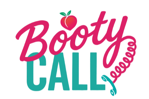 Colorful text reading 'Booty Call' with an peach on top of the double 'o' letters  and a phone at the end of a telephone cord that resembles an intestine.
