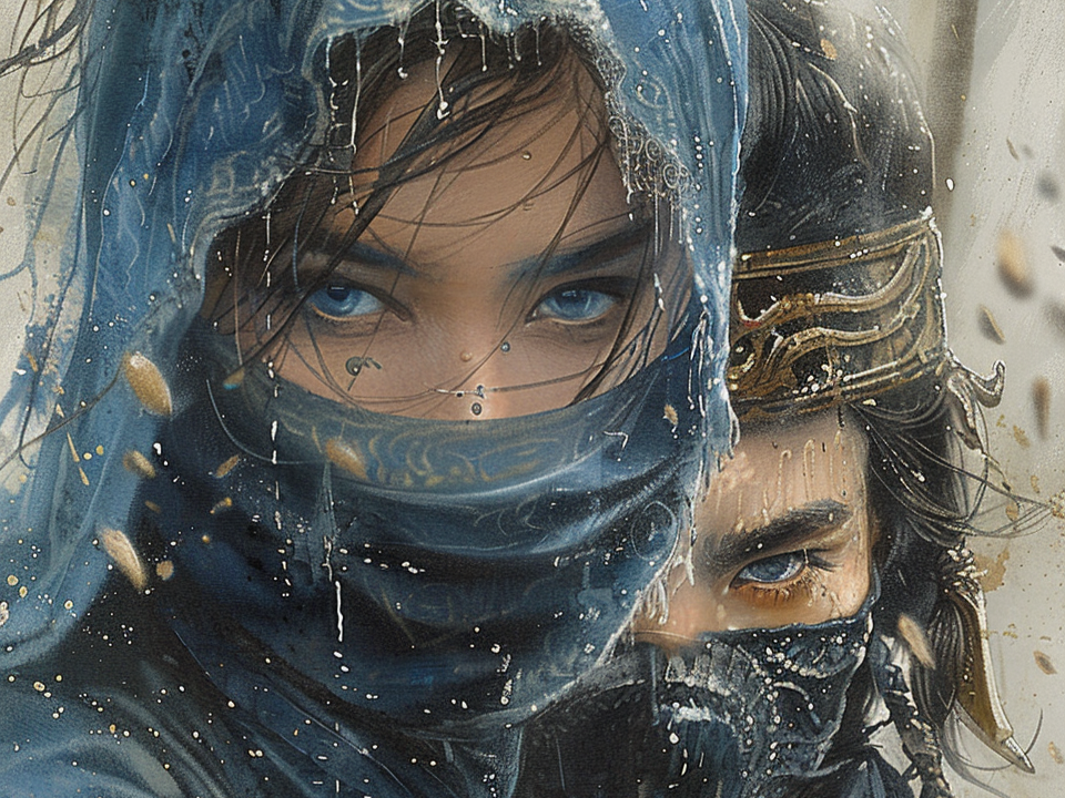Two women with intense eyes wearing dark, textured headscarves with water droplets and gold accents, set against a blurred background.