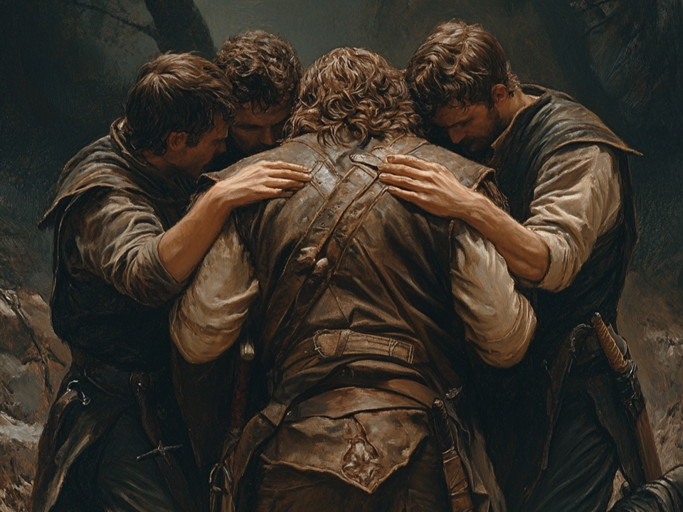 Four men in medieval clothing praying together in a cave, with heads bowed and hands on each other's shoulders.