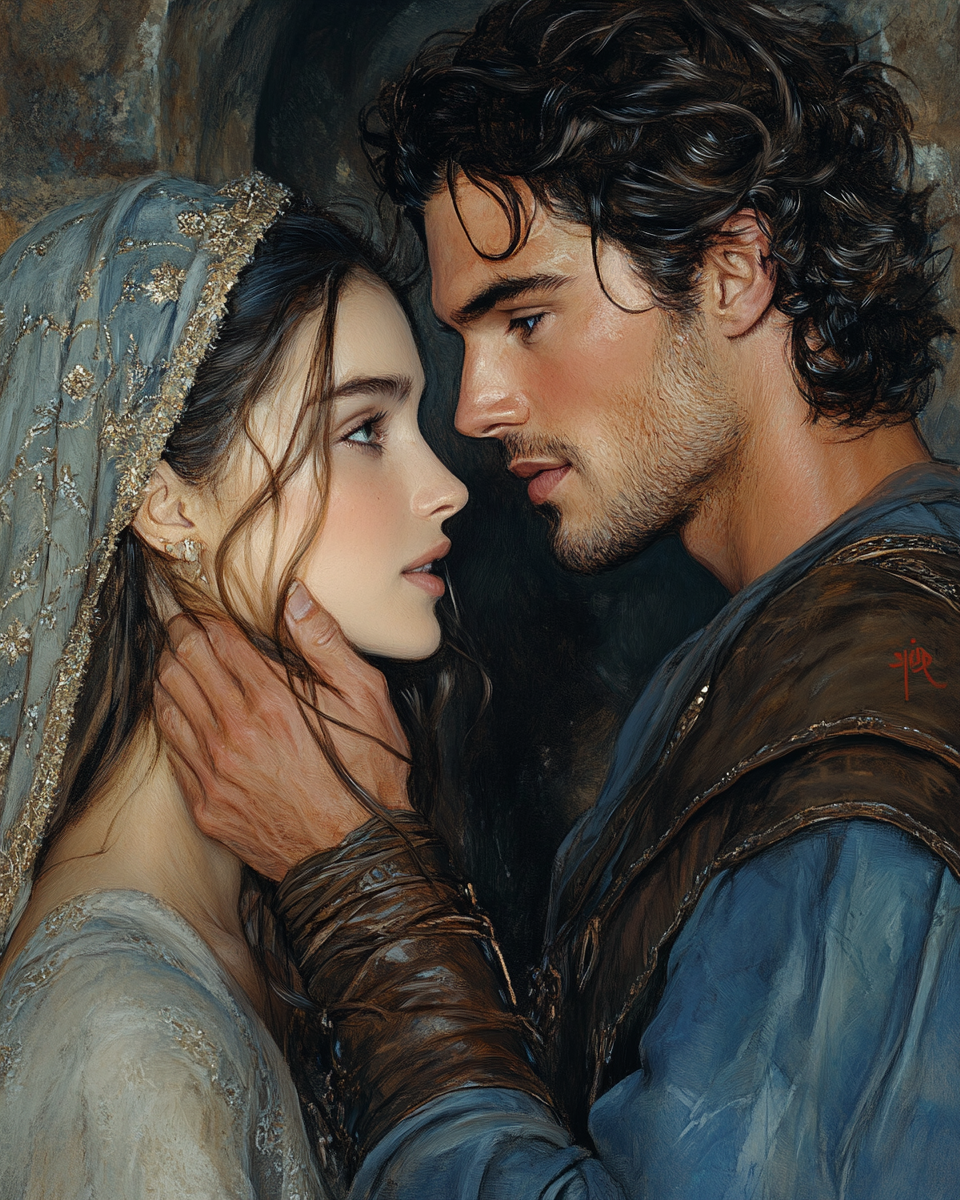 Painting of a man and woman in an intimate, close embrace, gazing into each other's eyes. The woman has long, wavy hair and is wearing a headscarf with embroidery; the man has curly dark hair and a beard, wearing a leather sleeve. The scene is romantic and detailed.
