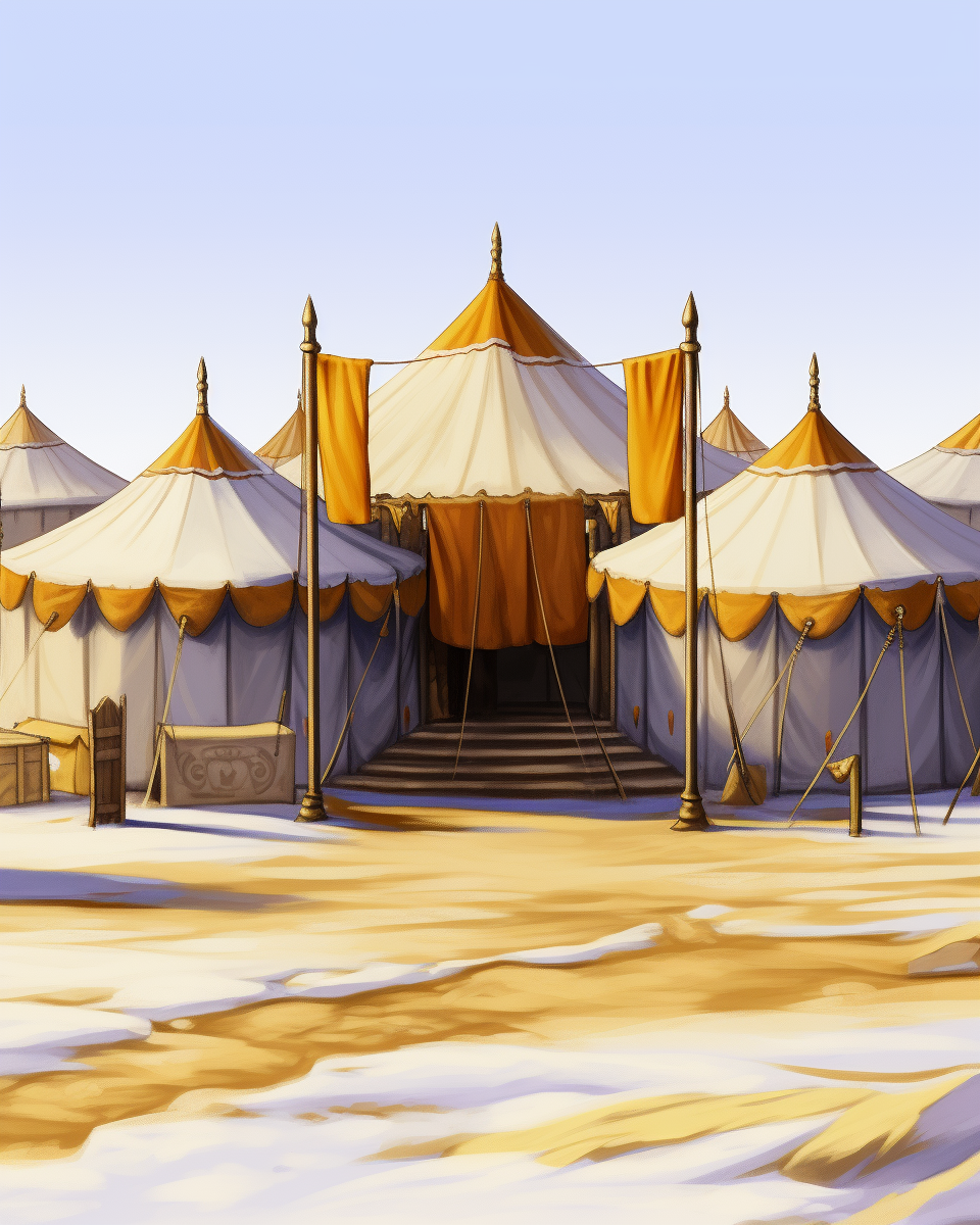 A large, cream and gold circus tent set on sandy ground with a clear blue sky overhead.