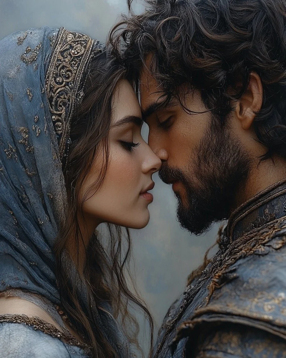 A close-up of a man and woman with foreheads touching, eyes closed, dressed in detailed, ornate clothing, appearing to share an intimate moment.