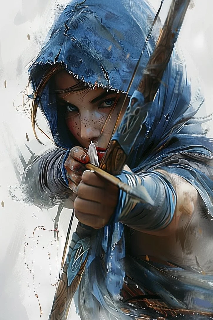 Digital painting of a female archer wearing a blue hood aiming a bow and arrow.